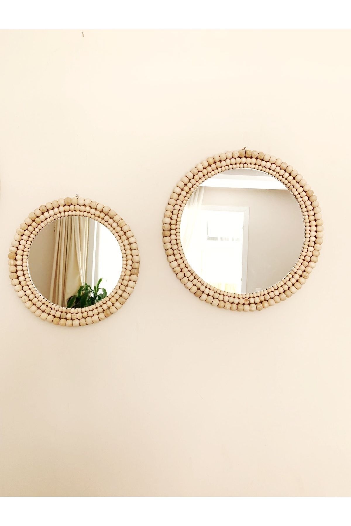 Boncukafası 2’li Ser Ahşap Boncuklu Ayna 40 Cm Ve 30 Cm , Yuvarlak Ayna, Antre Ayna, Konsol Ayna