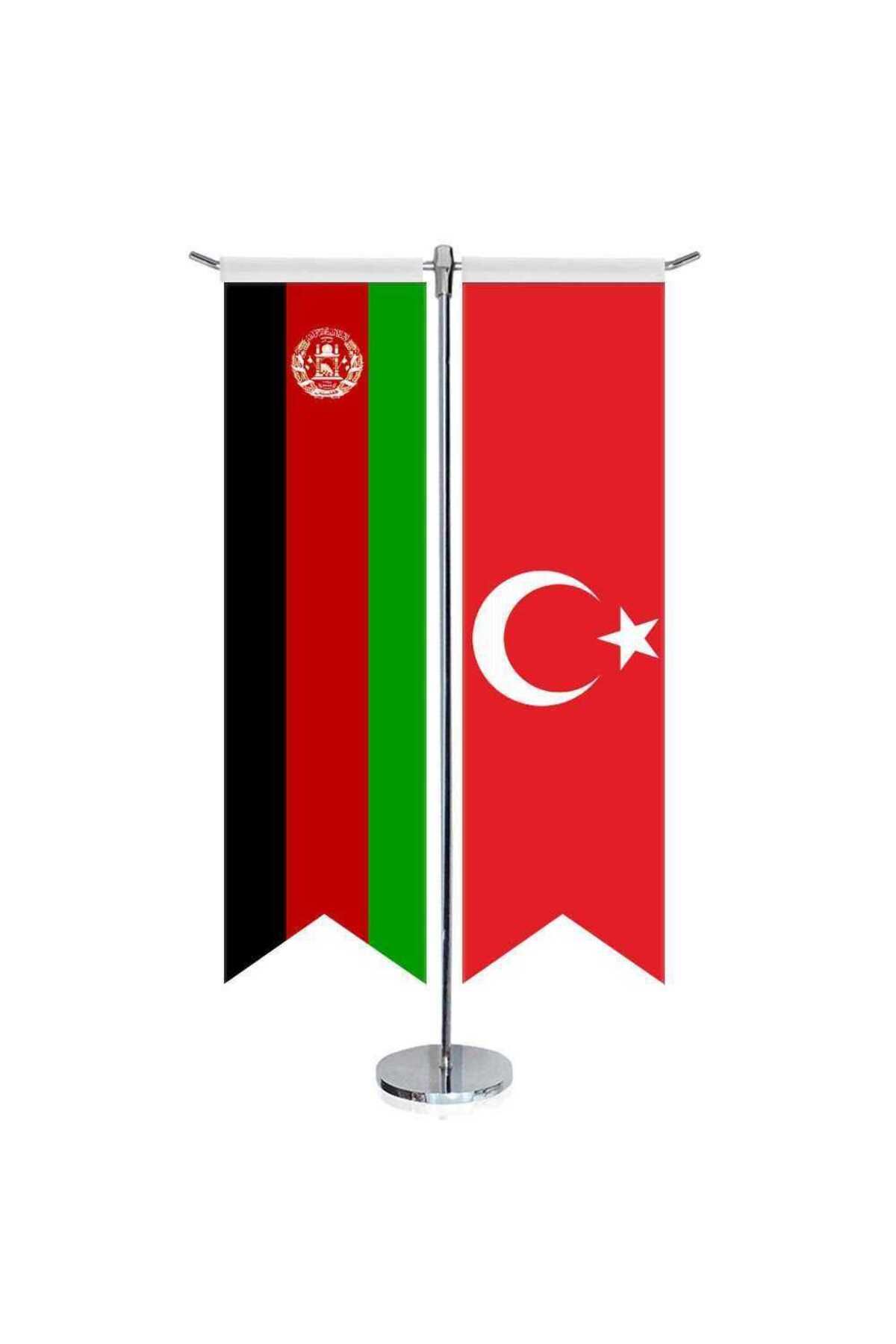 Asilmeydan Afganistan Bayrağı ve Türkiye - Kırlangıç - Saten T direk 2li Masa Bayrağı