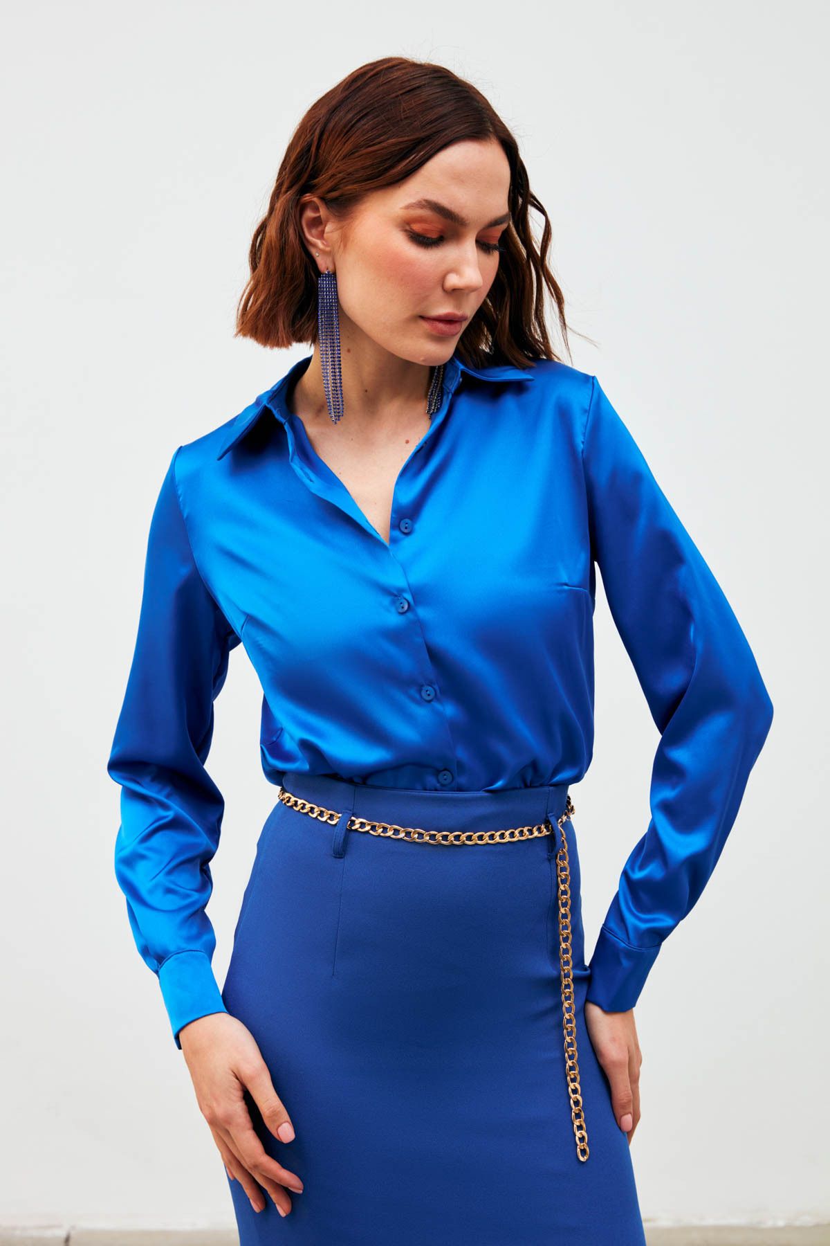 Sateen Gömlek Yaka Saten Bodysuit Bluz - Sax Mavi
