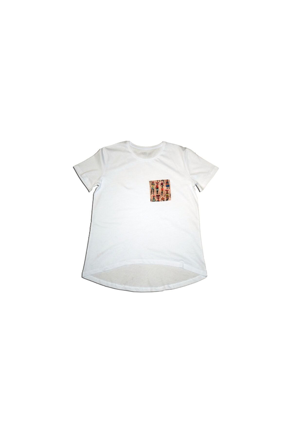 THE ORIGIN Kadın Hamile Giyim Beyaz Etnik Desen Cep Detaylı Oval Kesim T-Shirt