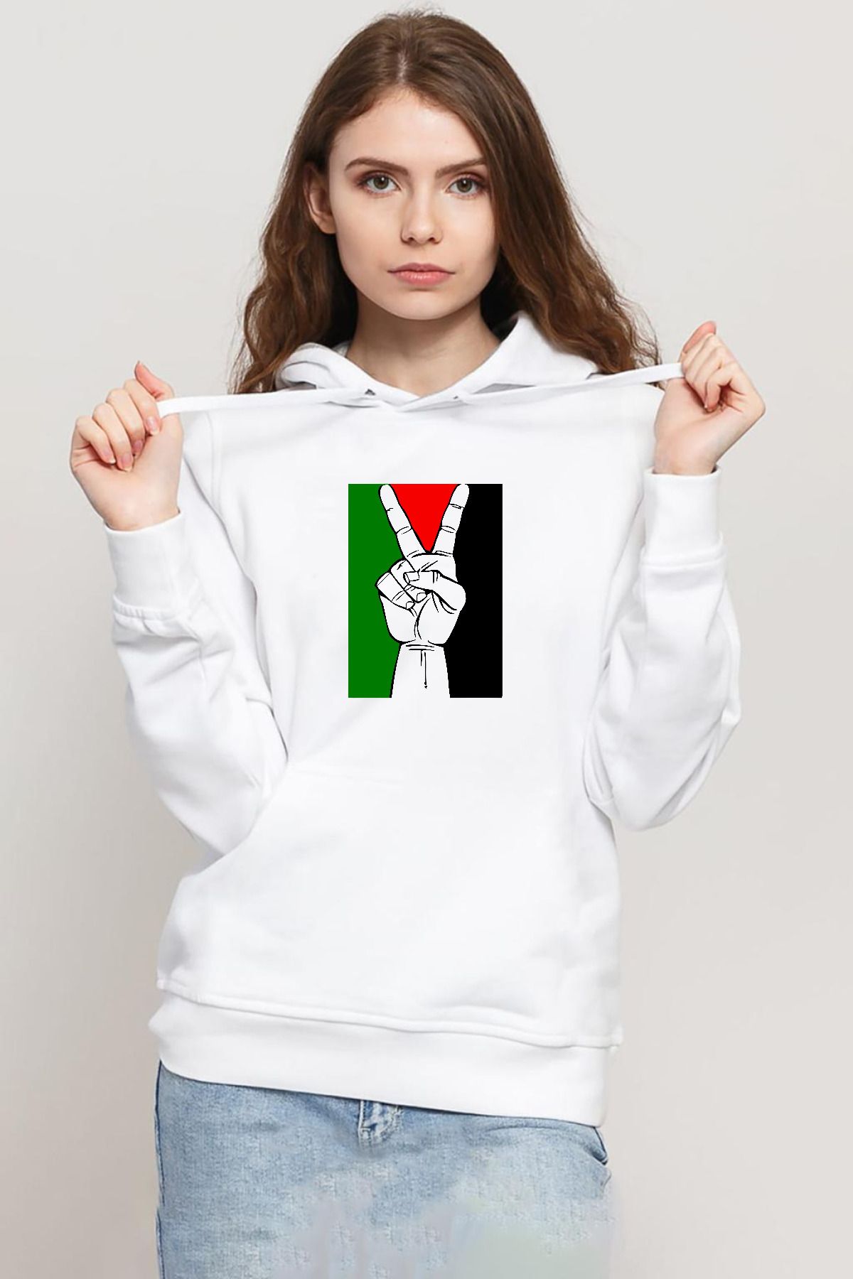 Tshirthane Free Hand Palestine Flag Beyaz Kadın 3ip Kapşonlu Sweatshirt
