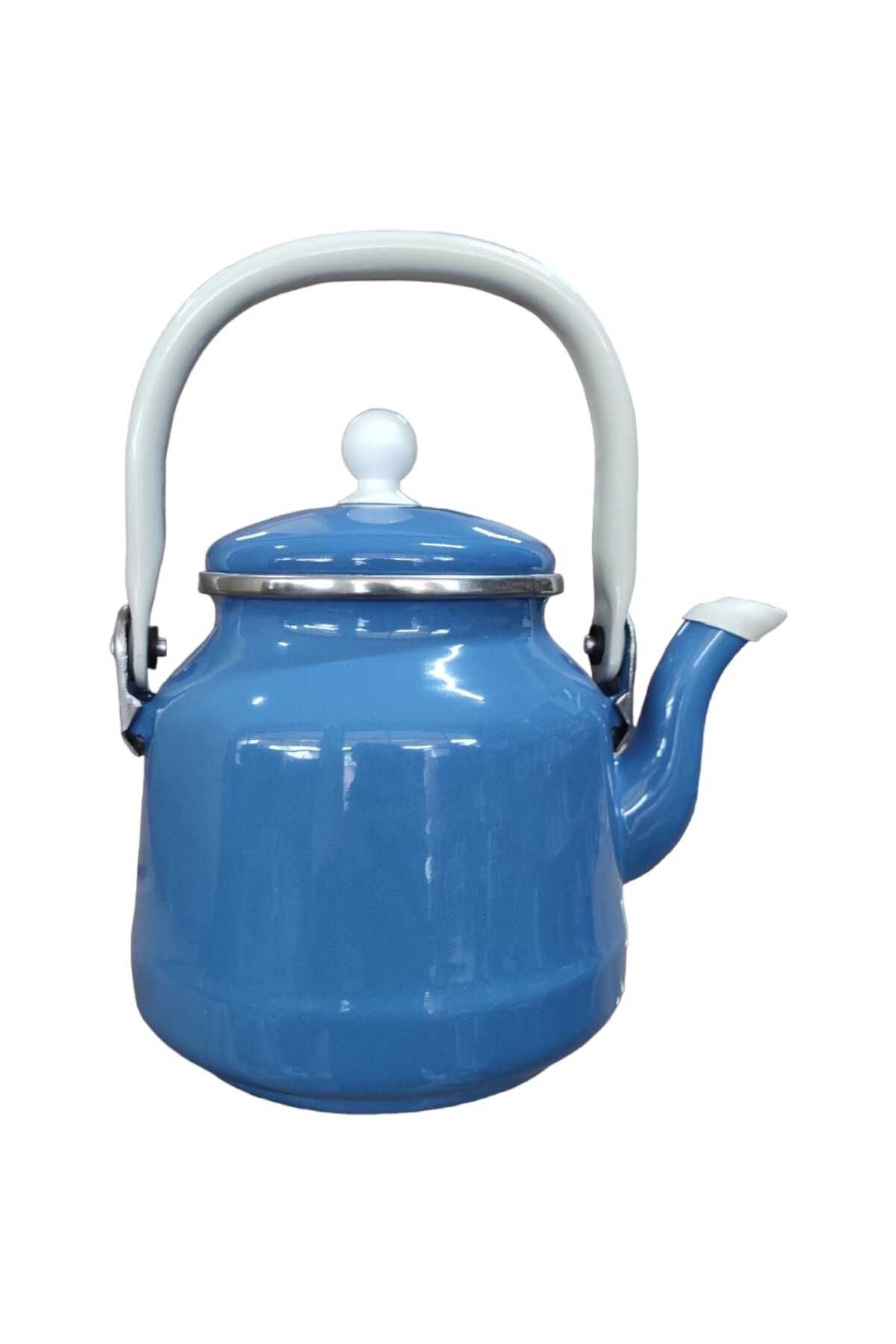 qussine Emaye Çaydanlık 1,5 Litre Bitki Çayı Demliği Tekli Üstten Tutmalı Mavi Çinko