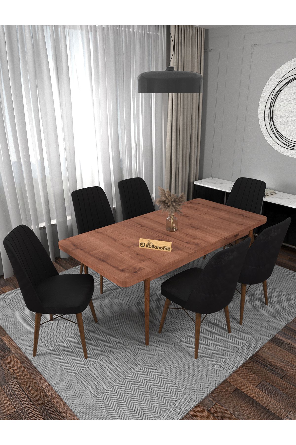 Kaffahome Riff Serisi Sümela 80x130 Açılır Yemek Masası , Yemek Masa Takımı 6 Siyah Sandalye