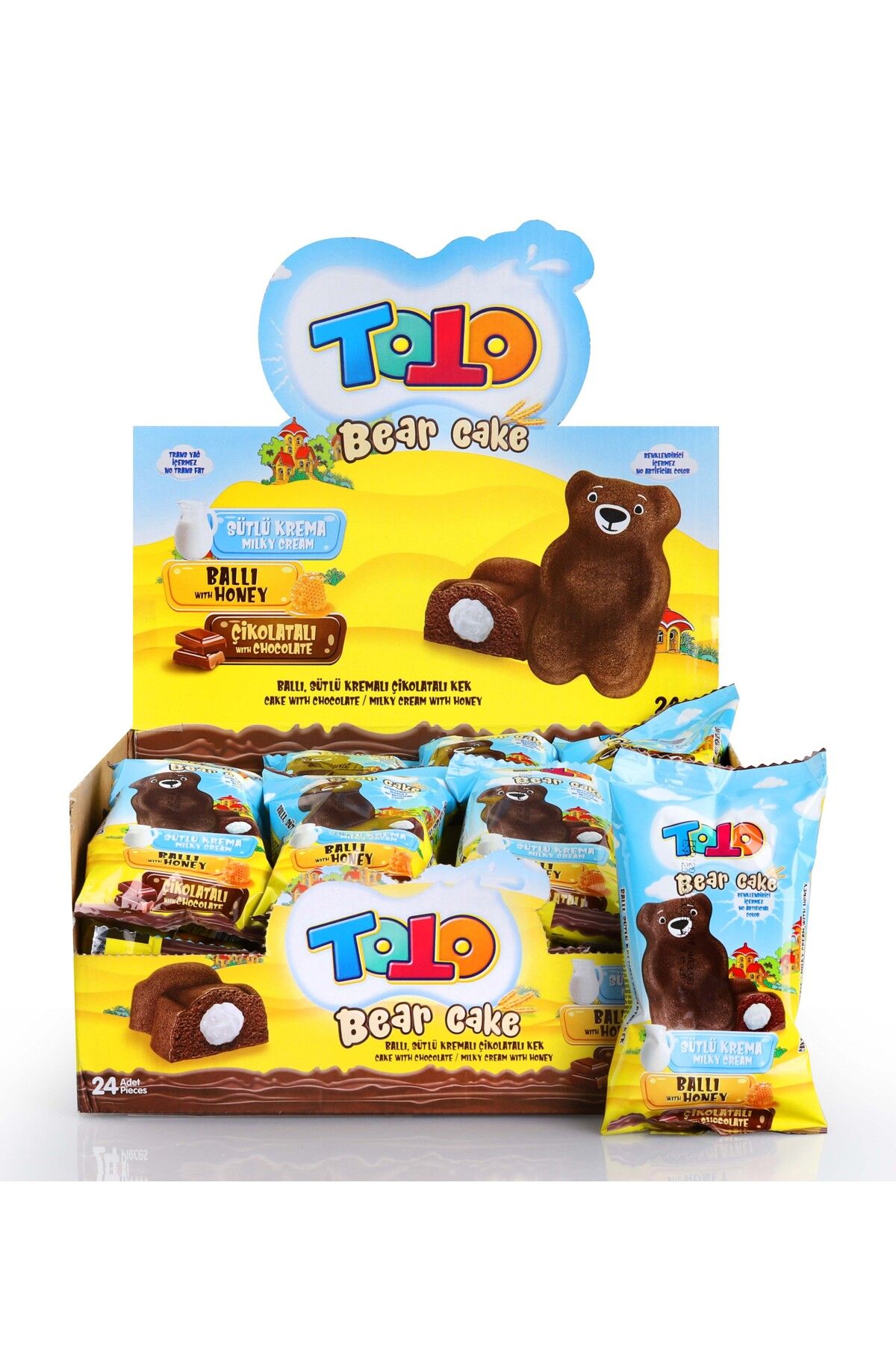 Elvan Toto Bear Kek Ballı Süt Kremalı Çikolatalı Kek 40 Gr. 24 Adet (1 KUTU)