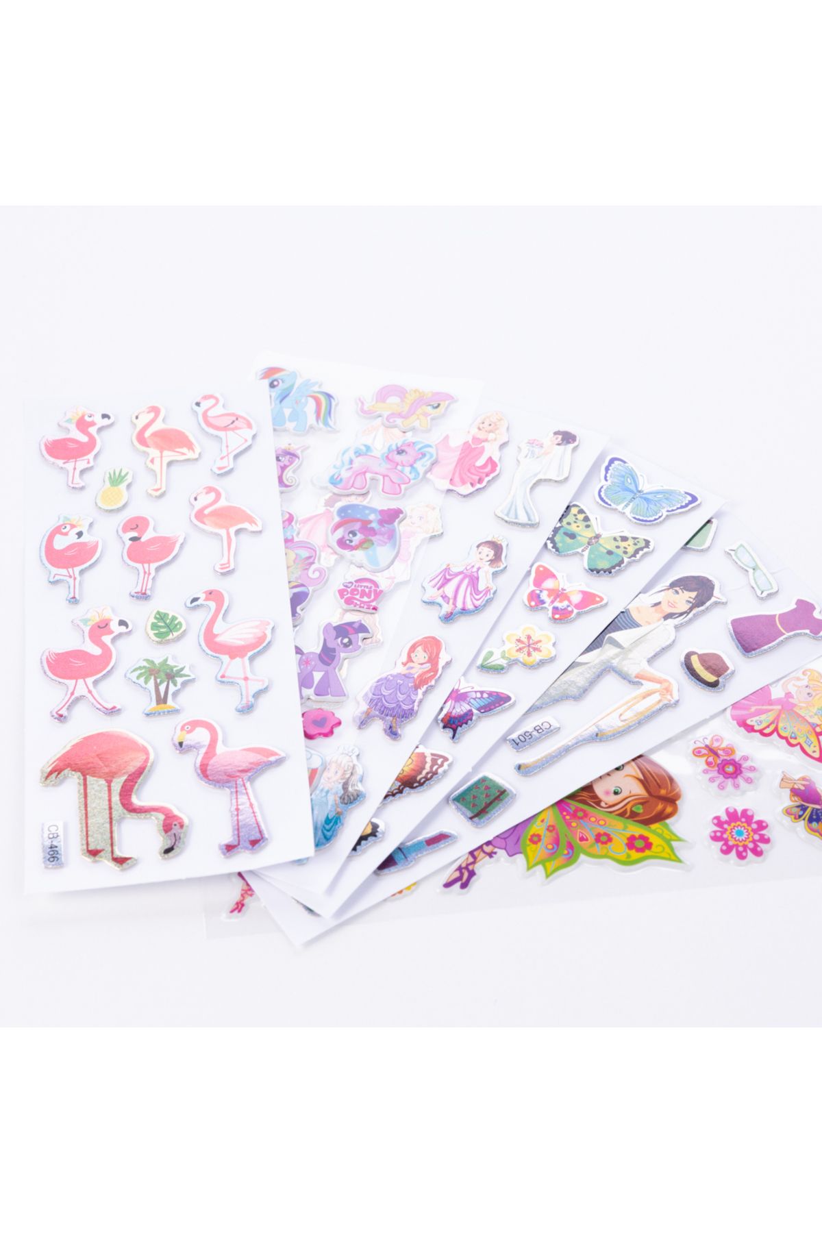 Bimotif 6 adet karışık kabartmalı yapışkan sticker, prenses ve kıyafetleri, flamingolar