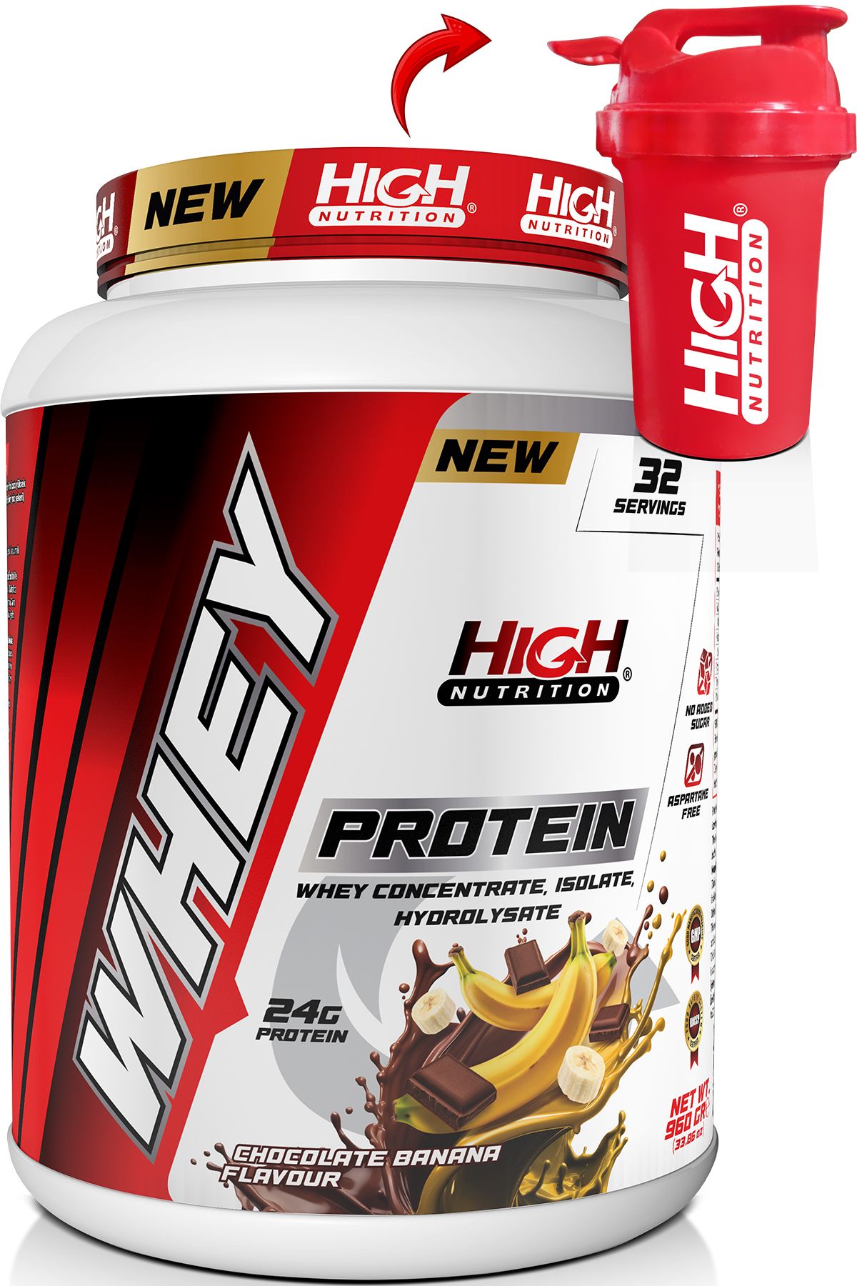 High Nutrition Whey Protein 960 gr Çikolata Muz Aromalı Protein Tozu 24 gram Protein 32 Servis Shaker Hediye