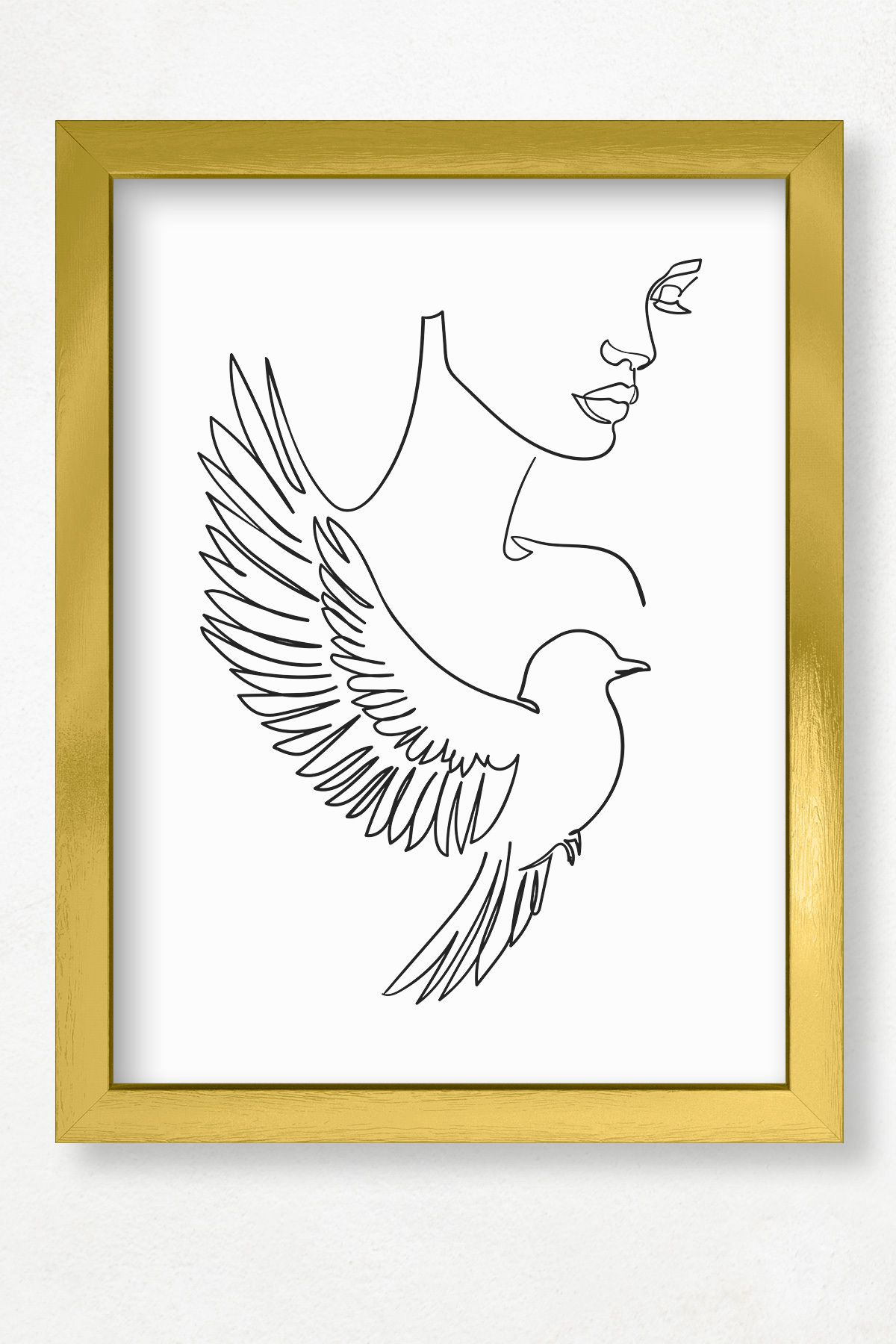 DuoArt Kuş Hayvan Minimalist/Line Art/Doğal Ahşap Çerçeveli Poster/Çerçeve Rengi:Altın