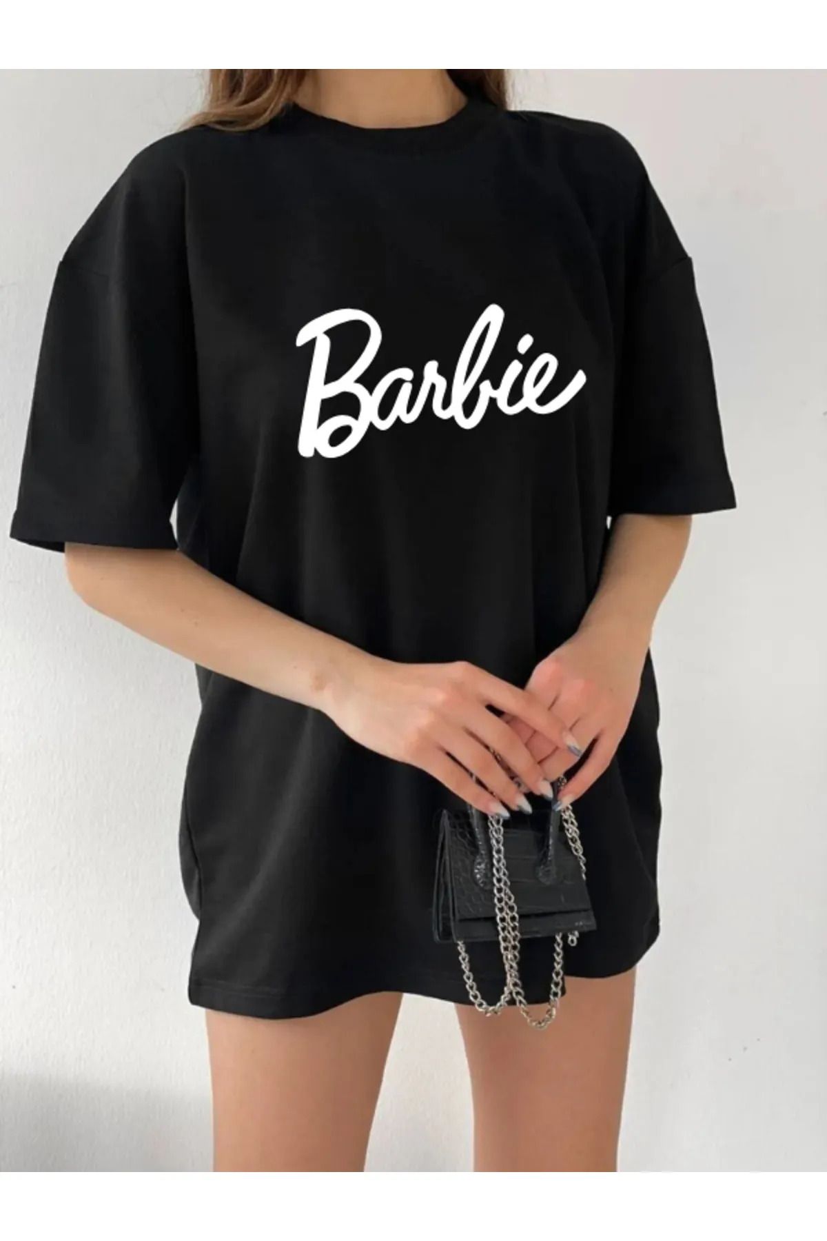 EFFRENATU Oversize Barbie Baskılı Pamuklu Penye Kumaş Tişört