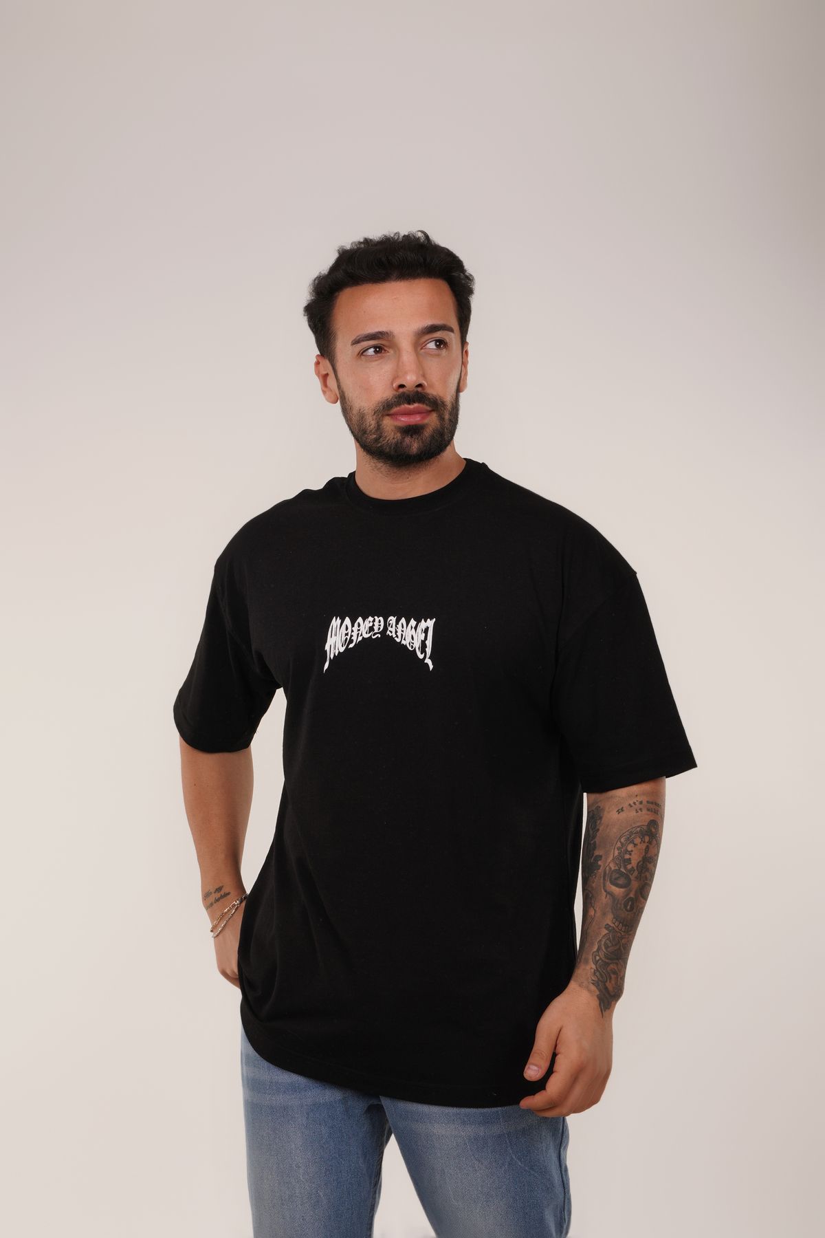 SCSARVİN Siyah MoneyAngel Baskılı Oversize T-Shirt VSK
