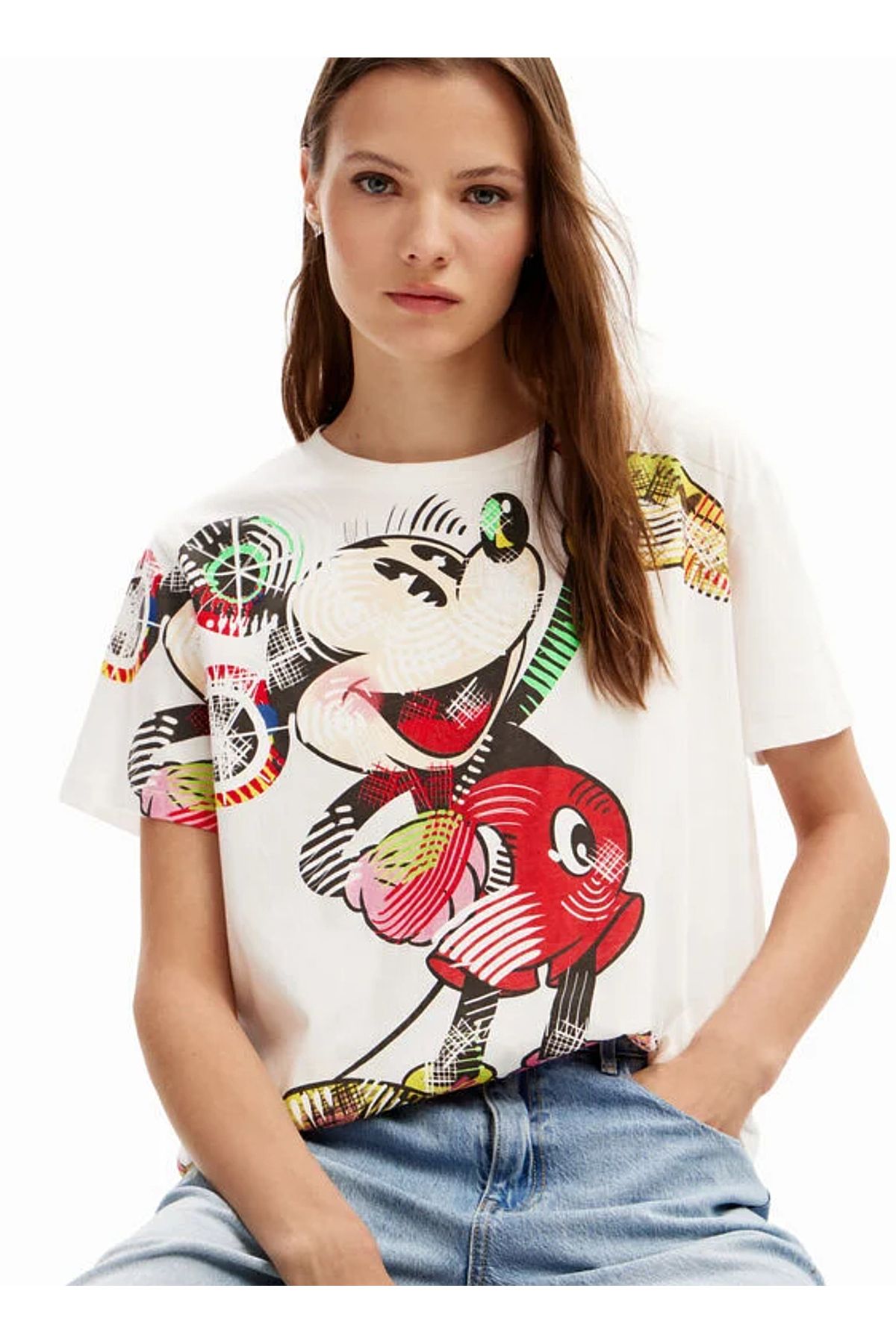 Desigual Mickey Mouse Baskılı Yuvarlak Yaka Beyaz Kadın T-Shirt 24SWTKAR