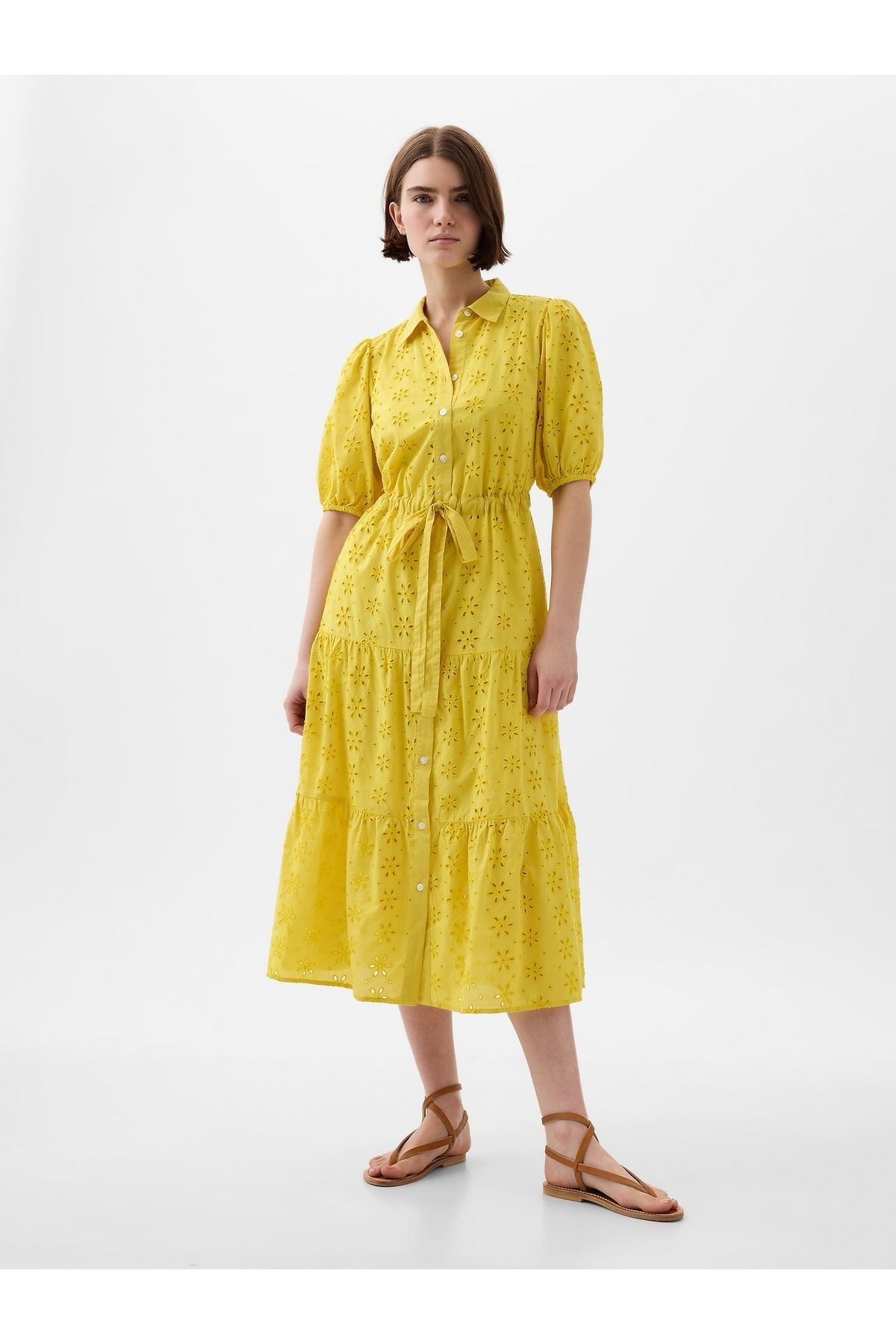 GAP Kadın Sarı Fisto İşlemeli Midi Elbise