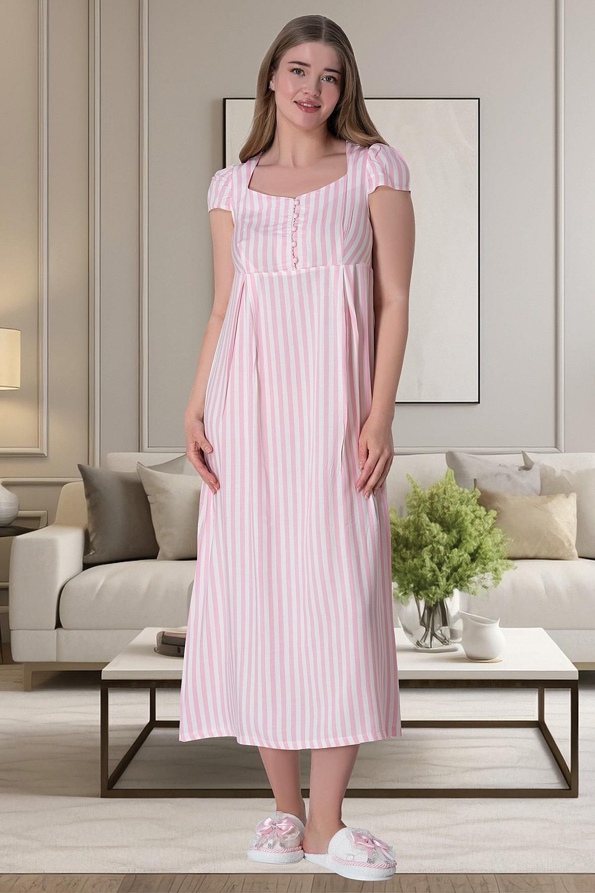 Mecit Pijama Pamuklu Çizgili Hamile-Lohusa(Büyük Beden) Kadın Gecelik Elbise