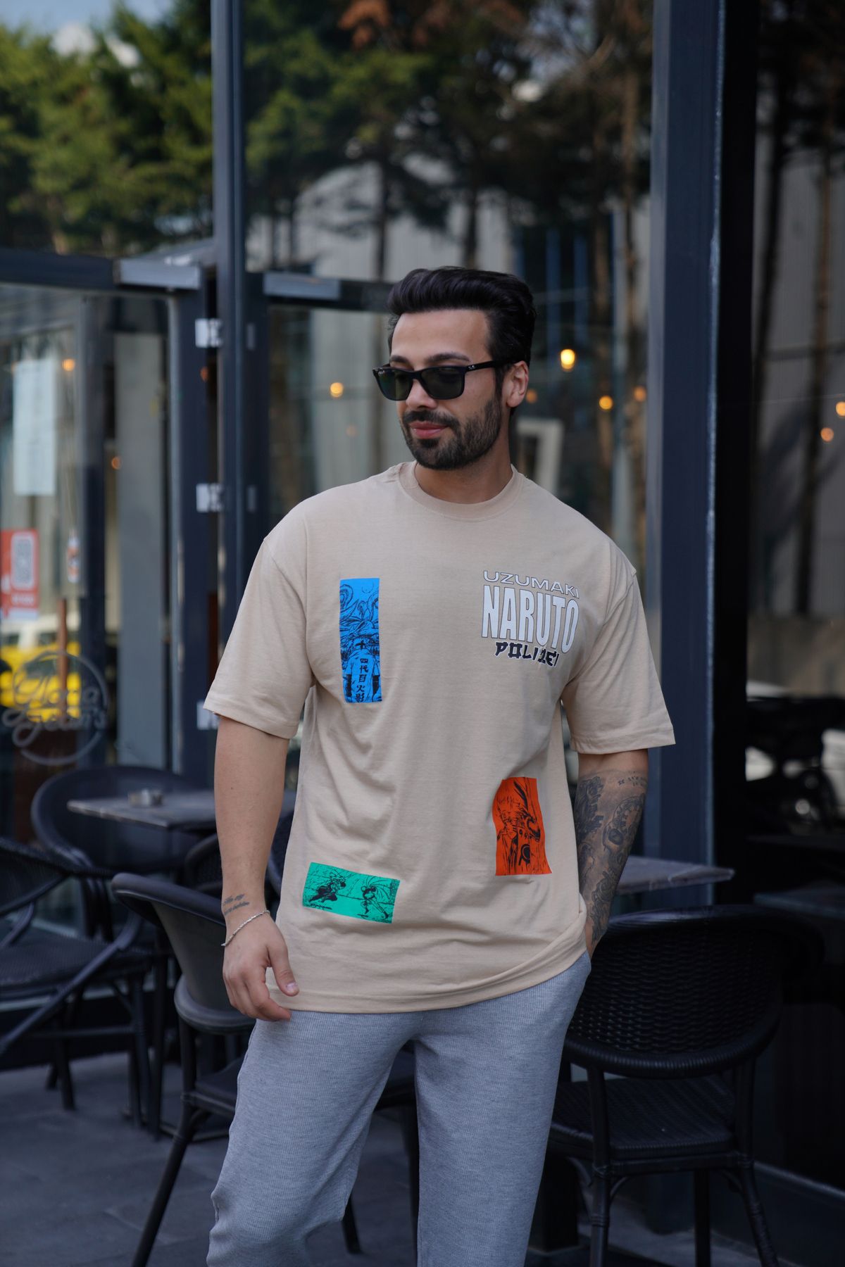SCSARVİN Krem NARUTO İskelet Baskılı Oversize T-Shirt VSK