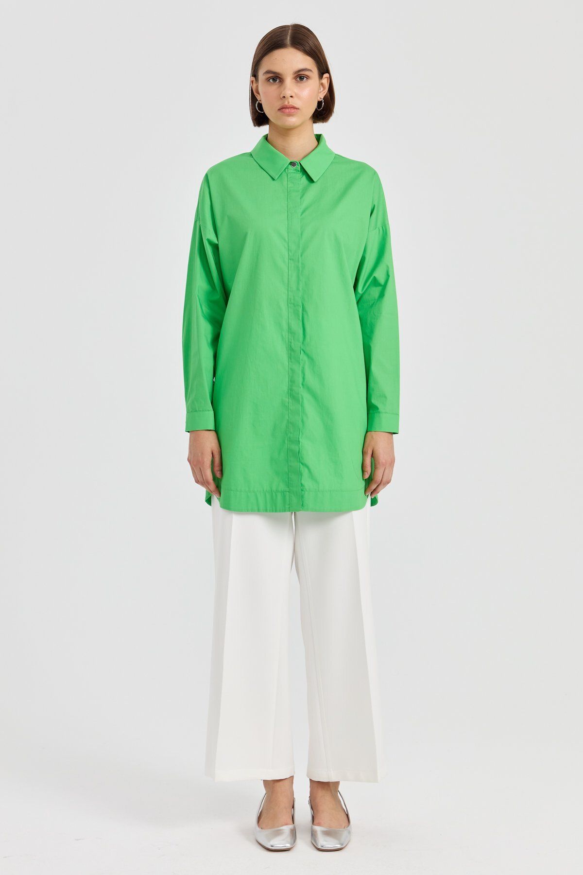 Nihan Yanları Metal Düğmeli Gömlek Tunik Benetton Yeşili