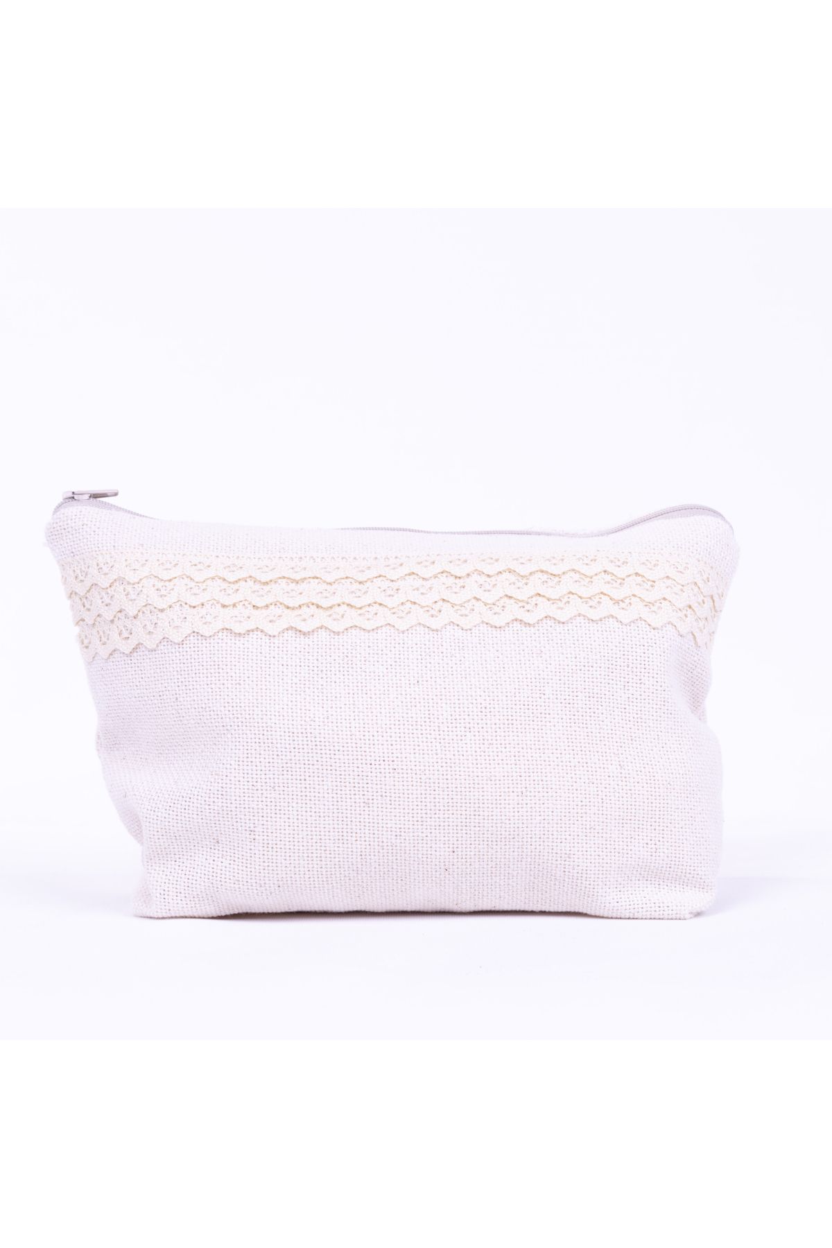 Bimotif Cendere kumaştan dantel şerit detaylı krem makyaj çantası