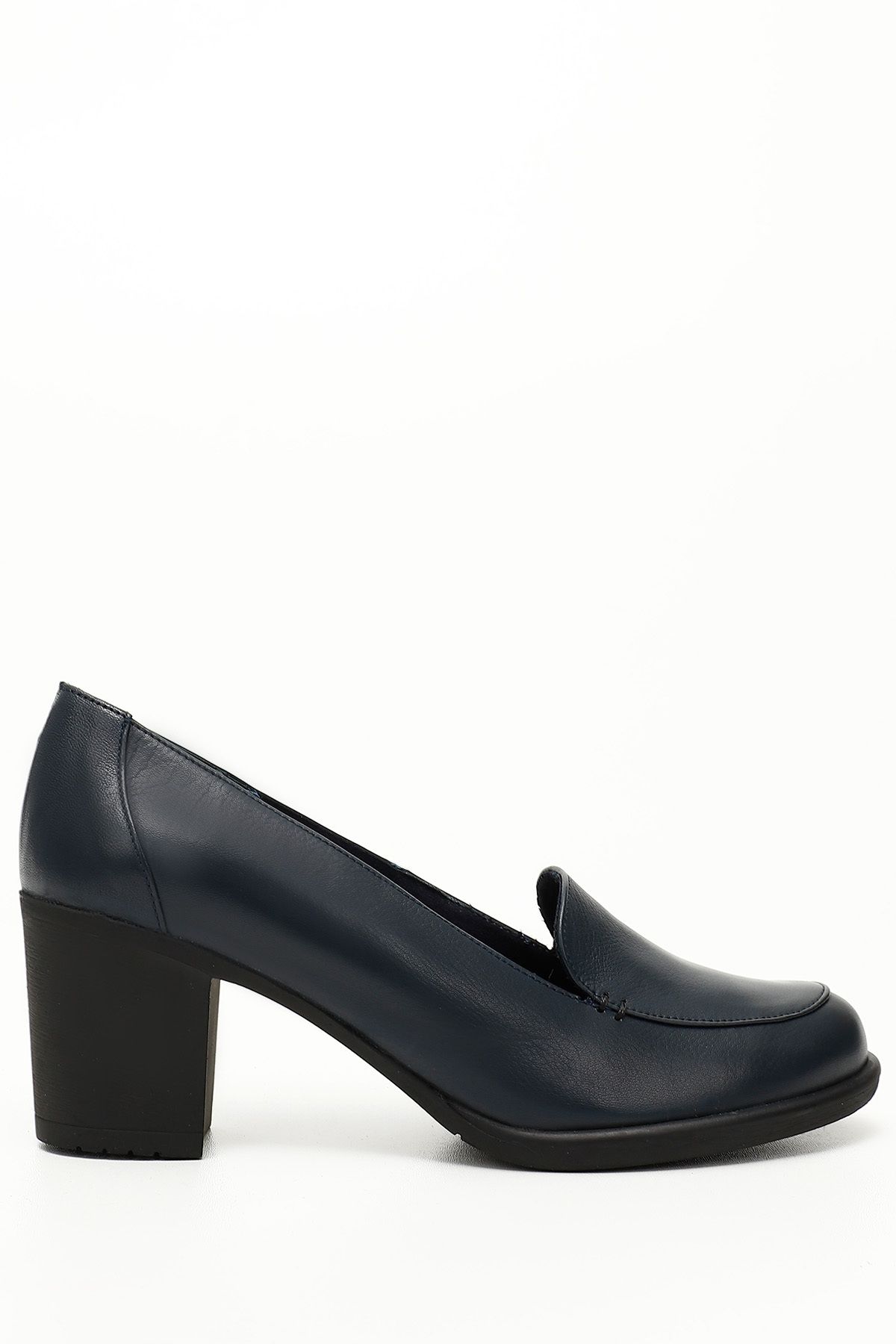 GÖNDERİ(R) Lacivert Antik Gön Hakiki Deri Yuvarlak Burun Kalın Topuklu Kauçuk Taban Kadın Loafer Ayakkabı 24070