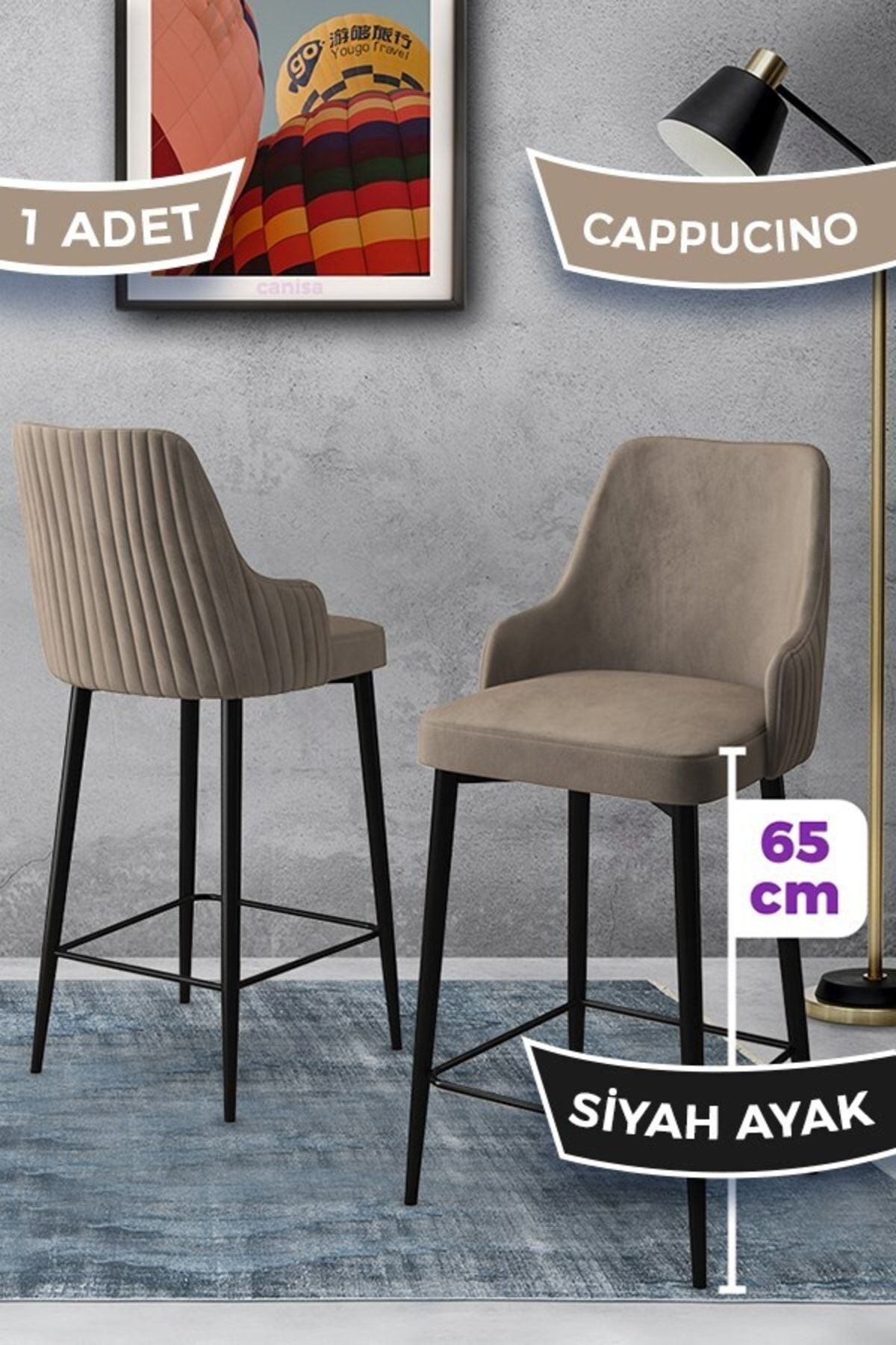 Canisa Tera Serisi 1 Adet 65 Cm Cappucino Ada Mutfak Bar Sandalyesi Babyface Kumaş Siyah Metal Ayaklı