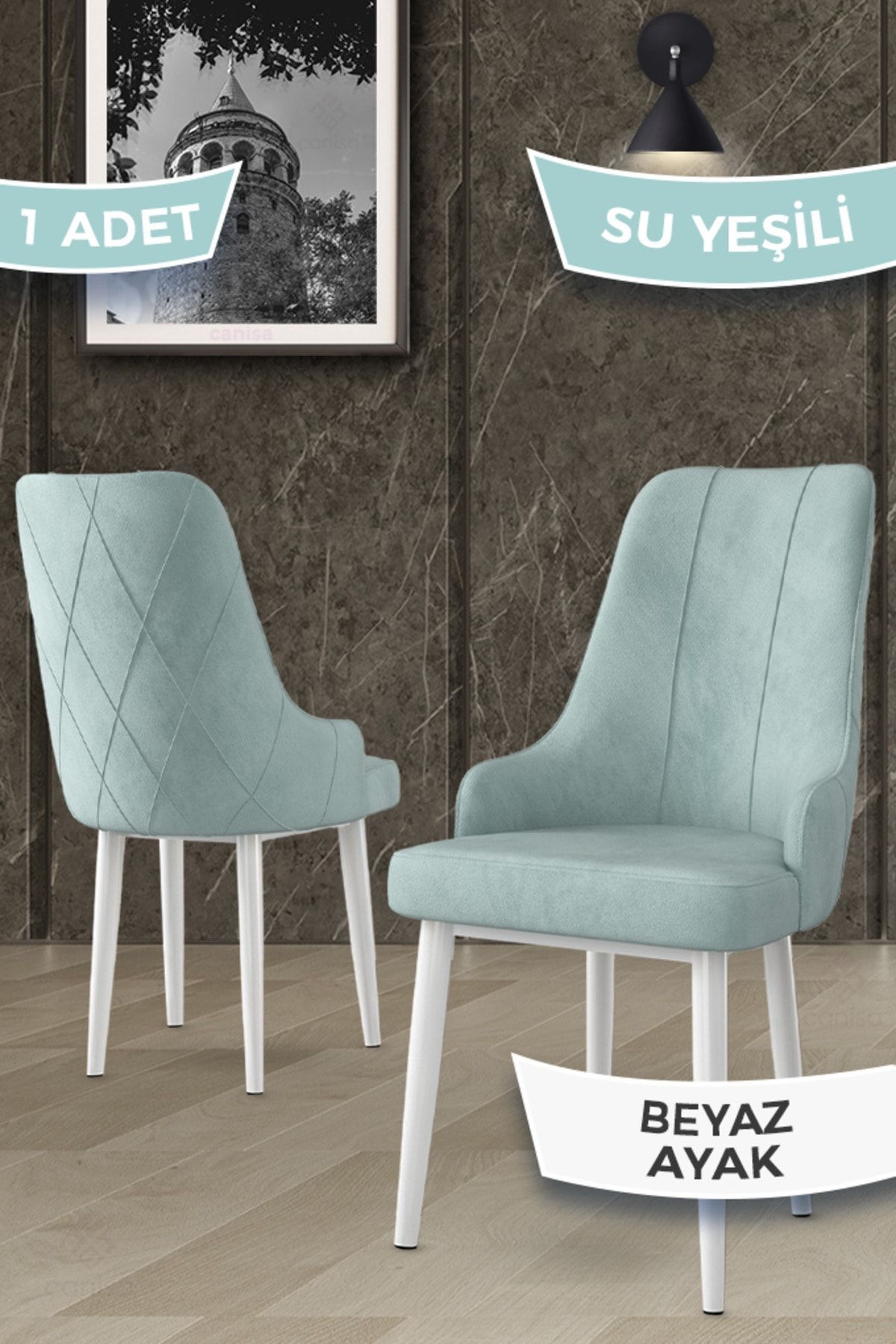 Canisa Trex Serisi 1.sınıf Babyface Kumaş 1 Adet Su Yeşili Sandalye Beyaz Metal Ayak
