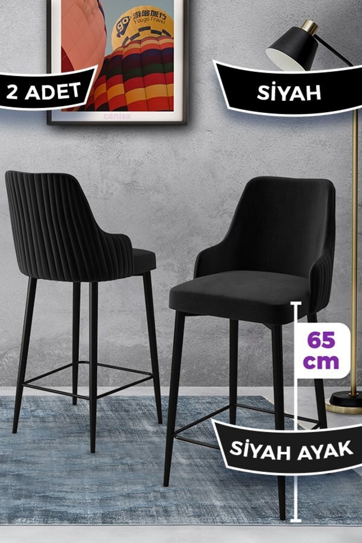 Canisa Tera Serisi 2 Siyah Sandalye 65 Cm Ada Mutfak Bar Sandalyesi Babyface Kumaş Siyah Metal Ayaklı