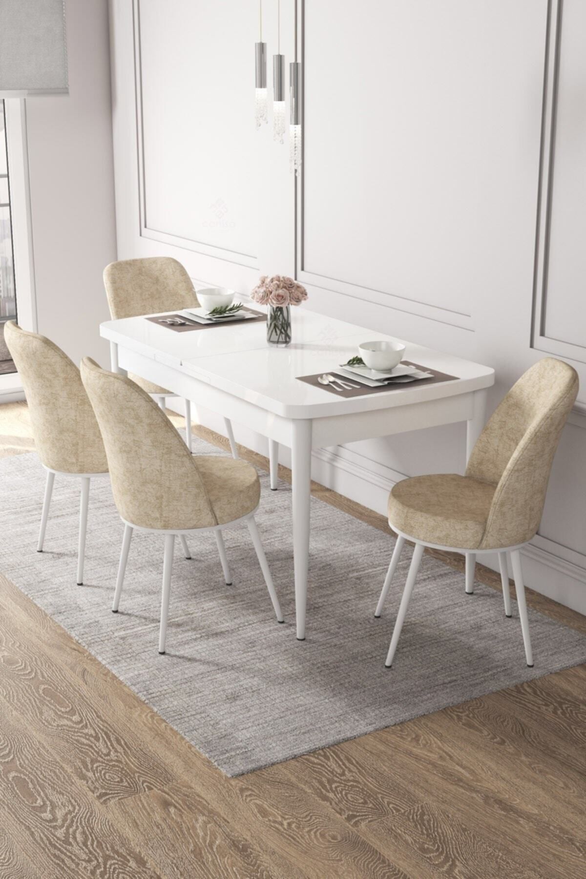 Canisa Concept Kor Serisi, 70x114 Açılabilir Beyaz Mutfak Masası Takımı, 4 Krem Sandalye