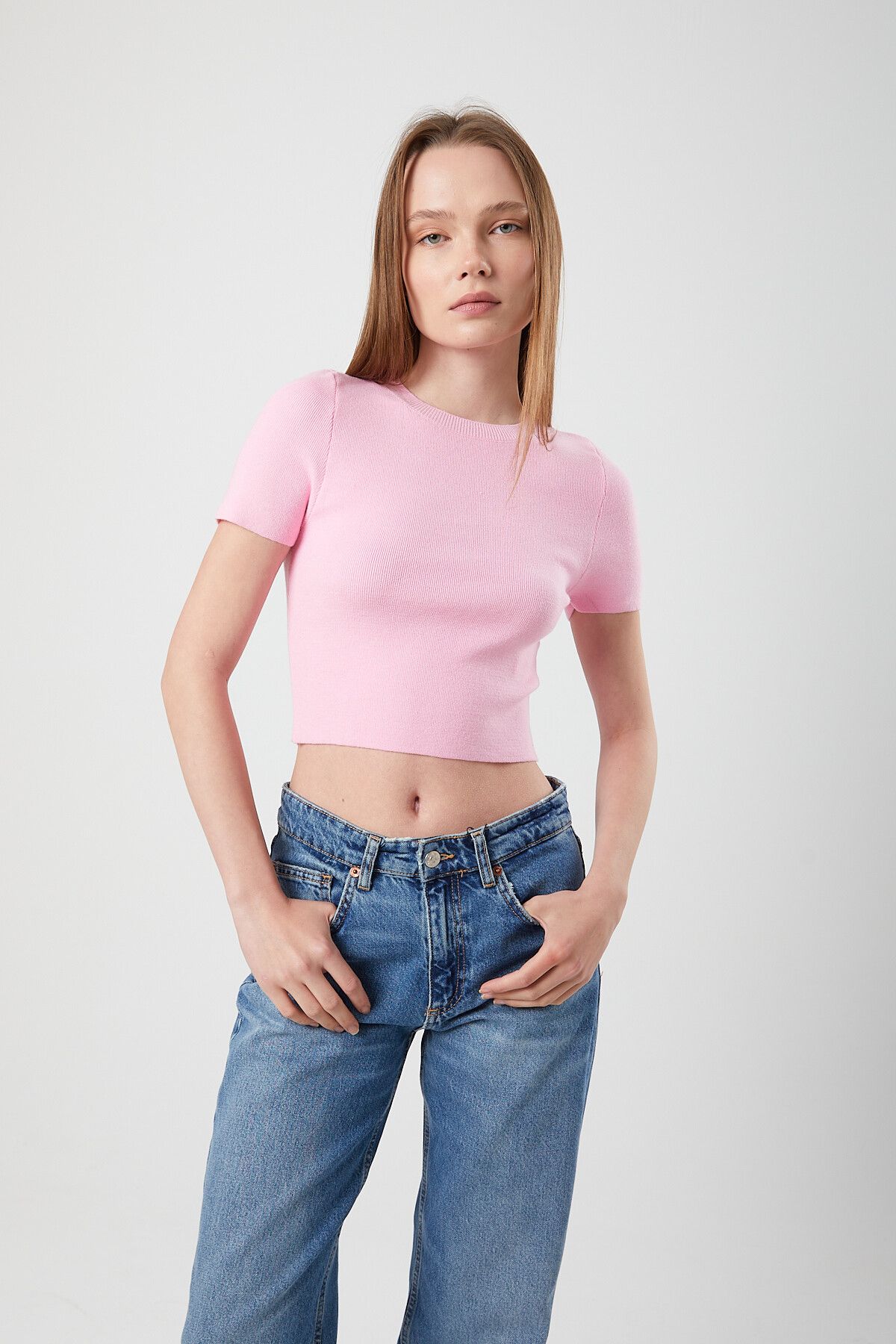 Mixray 6725 Kadın Şeker Pembe Yumuşak Dokulu Yazlık Triko T-Shirt