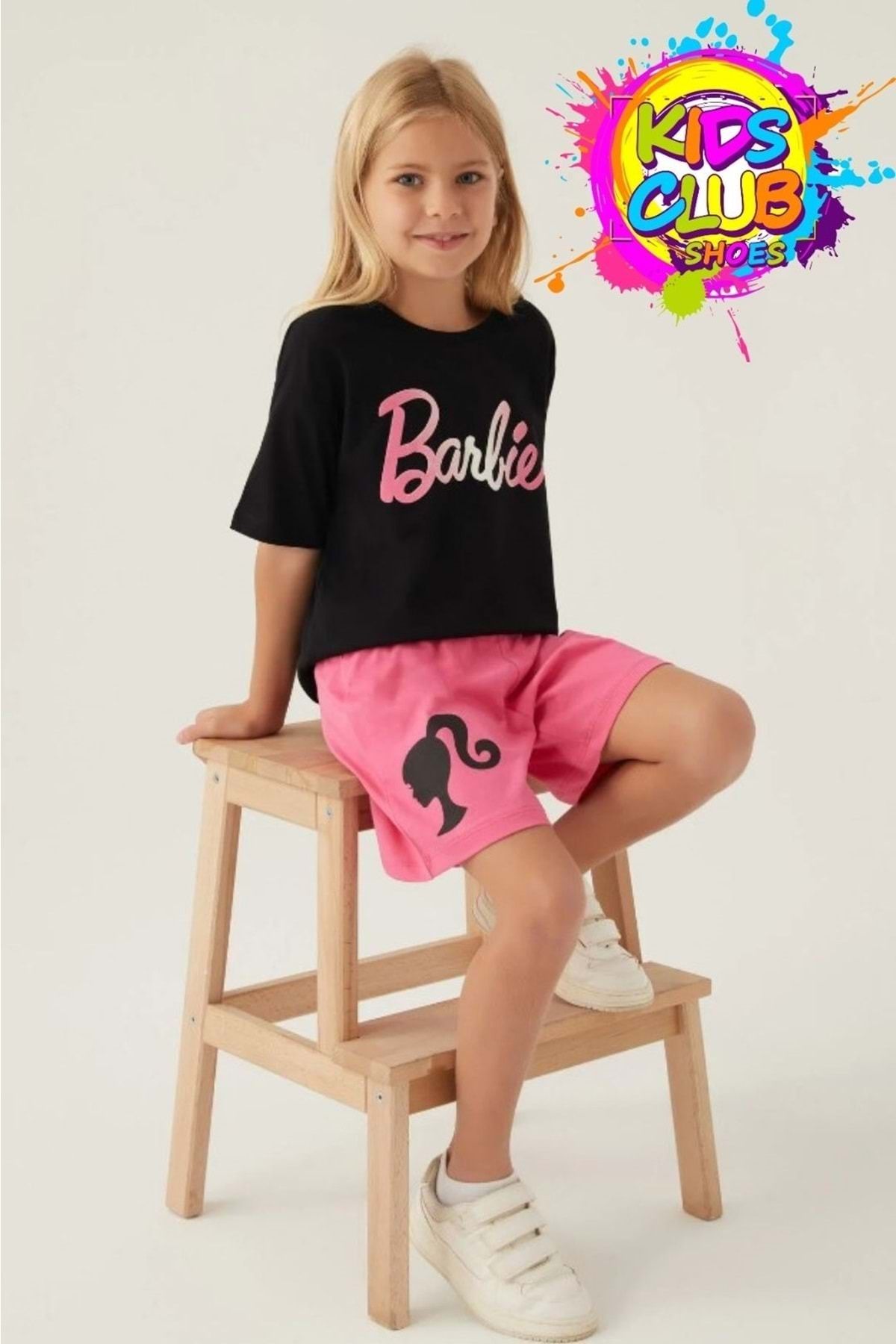 Barbie Lisanslı L1703 Patterned T-shirt Ve Şort Alt Üst Kız Çocuk Takımı Siyah
