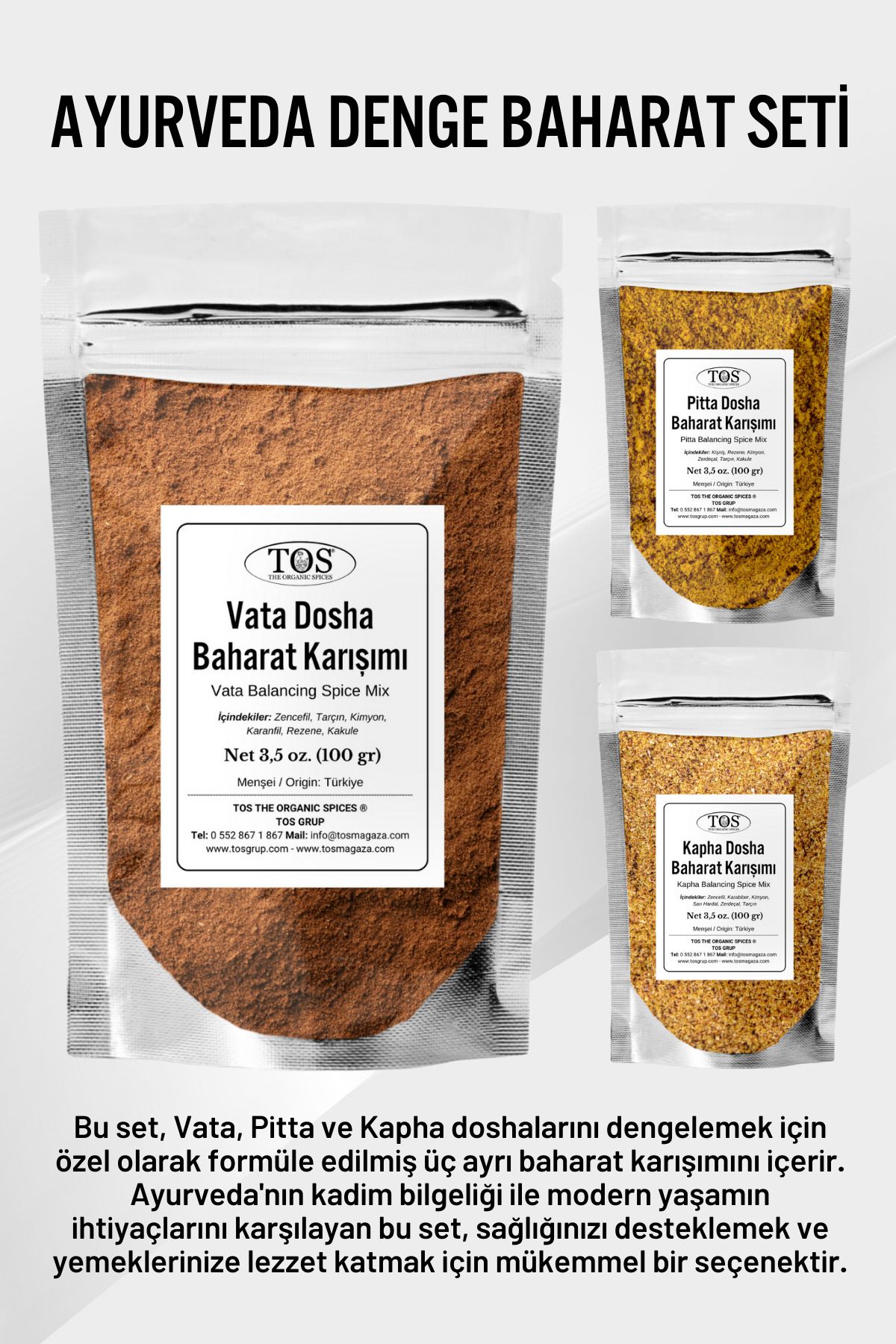 TOS The Organic Spices Ayurveda Denge Baharat Seti Vata + Pitta + Kapha 3'lü Set 300 gr