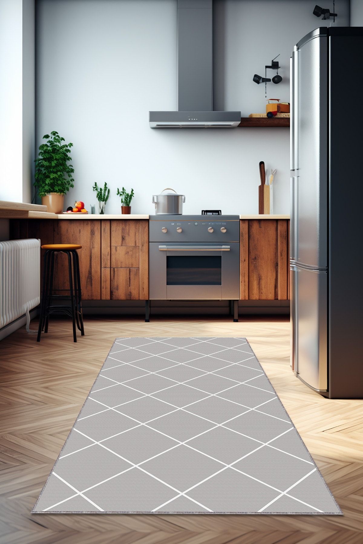 Viva Home Gri Makinede Yıkanabilir Kaymaz Taban Leke Tutmayan Geometrik Mutfak Halısı AR1471