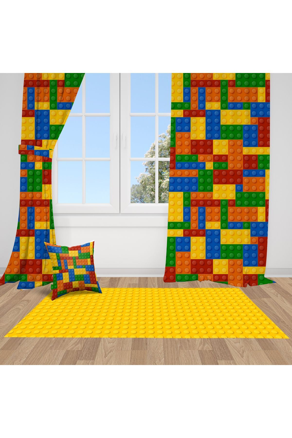 Bebemotto 3d Lego, Kırmızı, Sarı, Yeşil, Mavi, Ithal Kumaş, Çocuk Ve Genç Odası Fon Perde - 1 Kanat