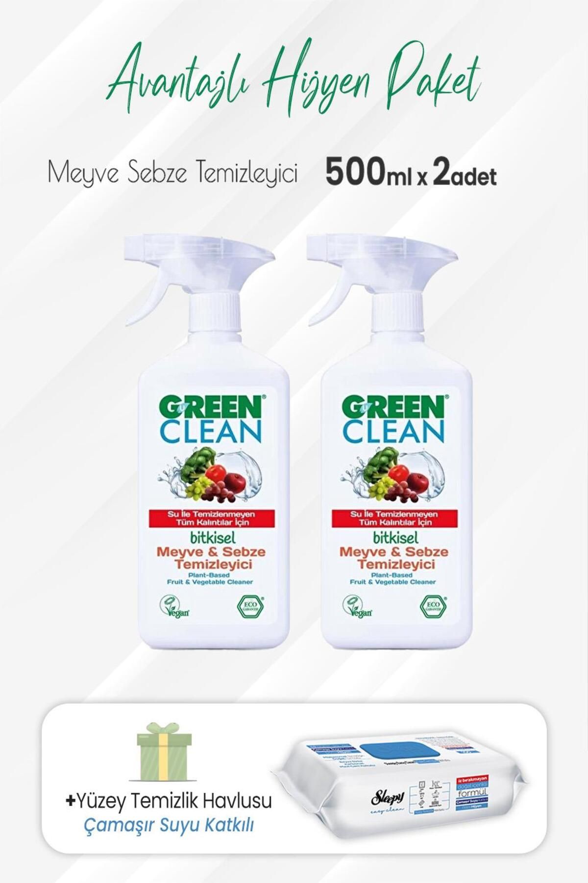 Green Clean Meyve Sebze Temizleyici 500 ml X 2 Adet Ve Çamaşır Sulu Temizlik Havlusu