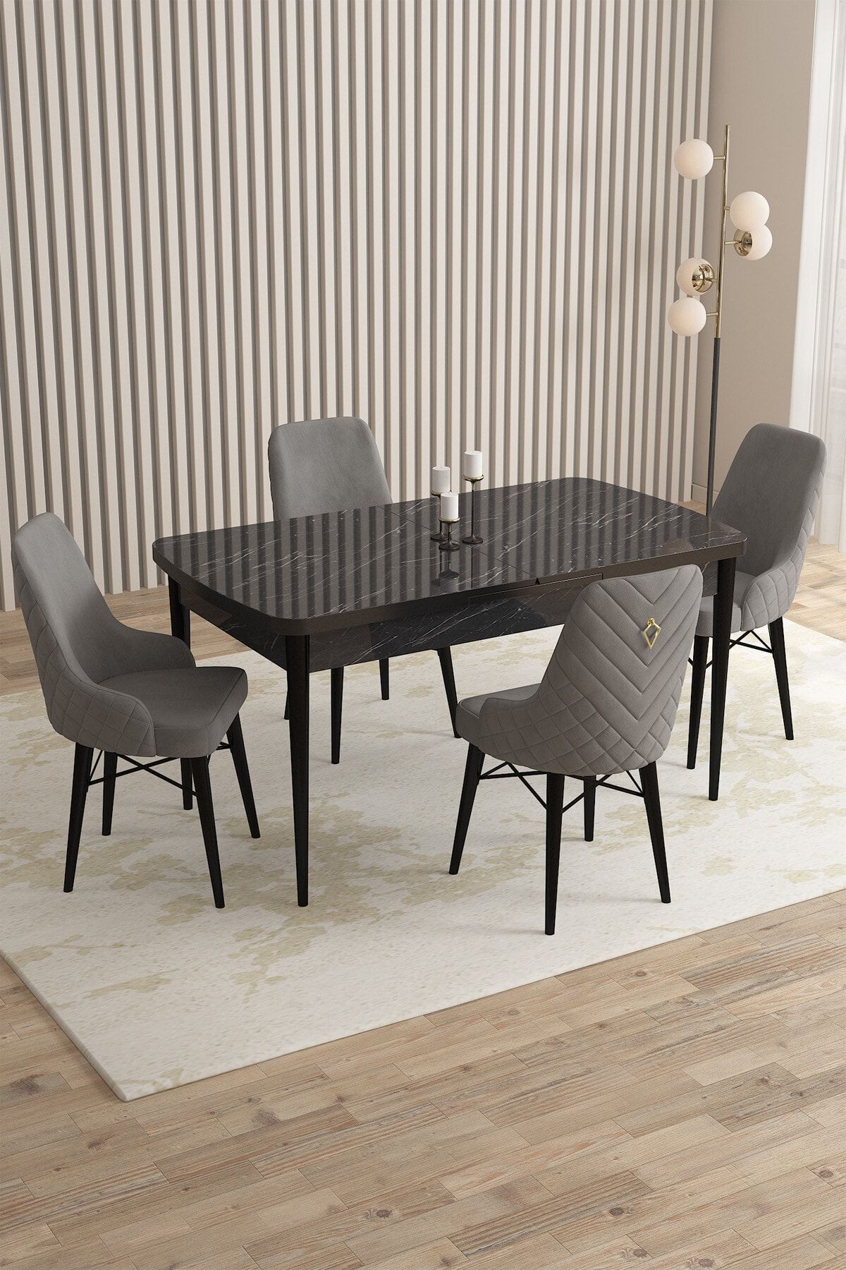 Rovena Queen Siyah Mermer Desen 80x132 Açılabilir Mutfak Masası Takımı 4 Adet Sandalye