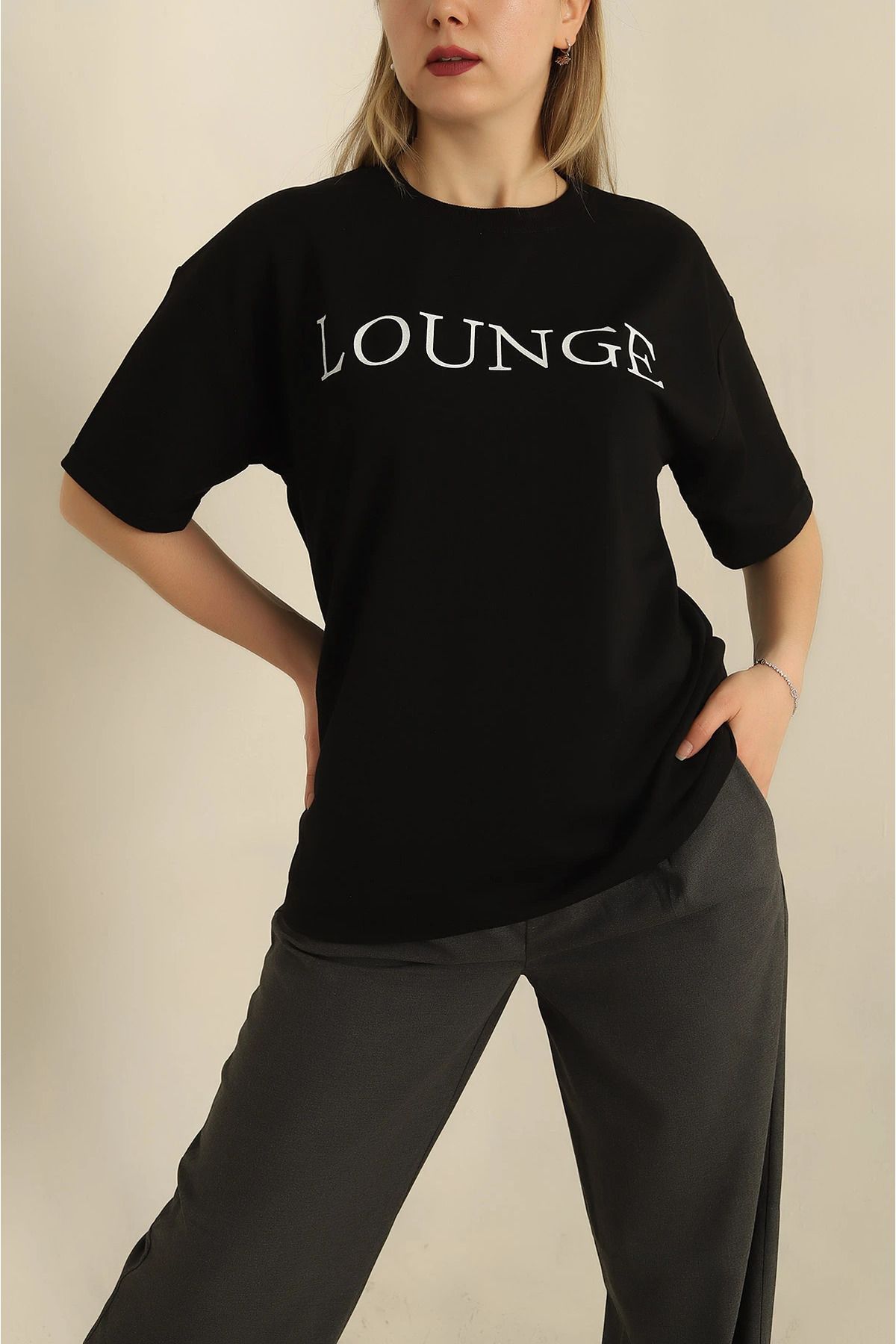 İKLİM LİFE Lounge Yazılı Bisiklet Yaka Kısa Kol T-shirt SIYAH