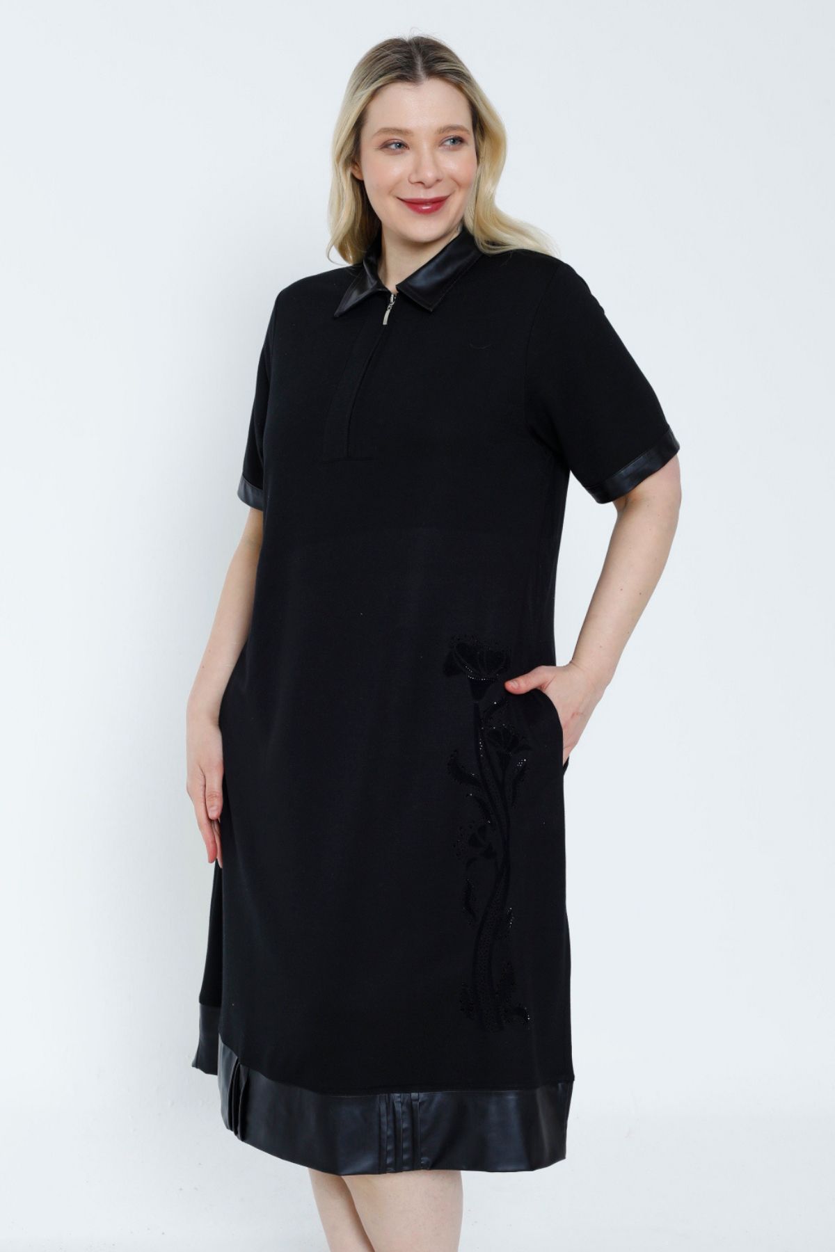 İntensive kadın siyah düğmeli taş detaylı iki iplik büyük beden pamuklu elbise