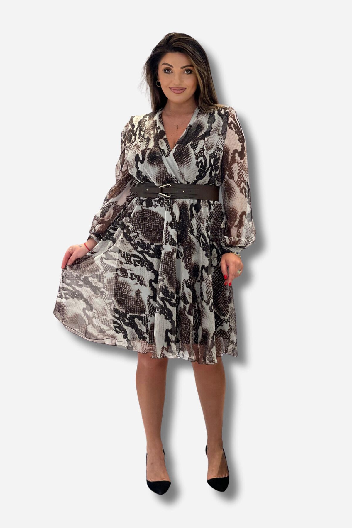 Esito Favori Tekstil Kruvaze Yaka Yılan Desenli Şifon Kemer Detaylı Tasarım Elbise