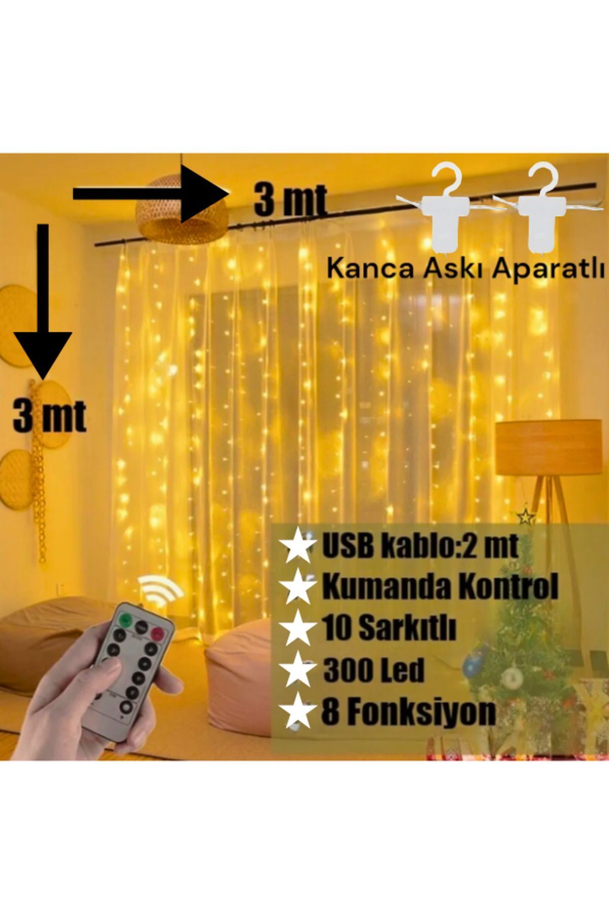 edewatt Perde Led 3mx3m Kumandalı 8 Fonksıyonlu 300 Ledli 10 Sarkıtlı Peri Ledi Usb Girişli