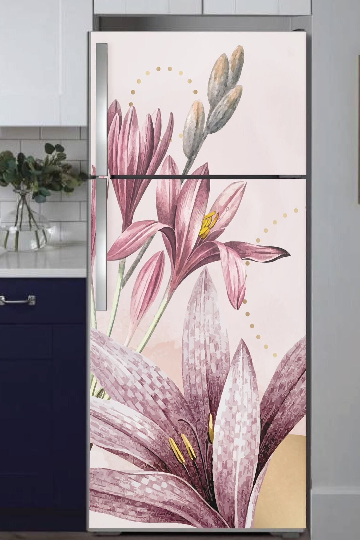 212shop Buzdolabı Kaplama Folyosu Pembe Zeminli Nergis Zambağı Çiçeği Sticker