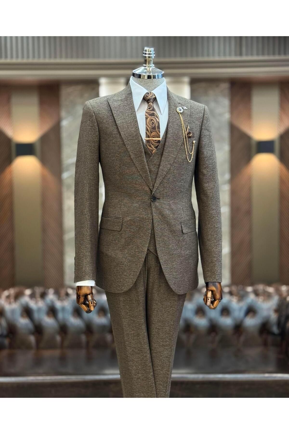 TerziAdemAltun İtalyan stil slim fit ceket yelek pantolon takım elbise kahverengi T9953