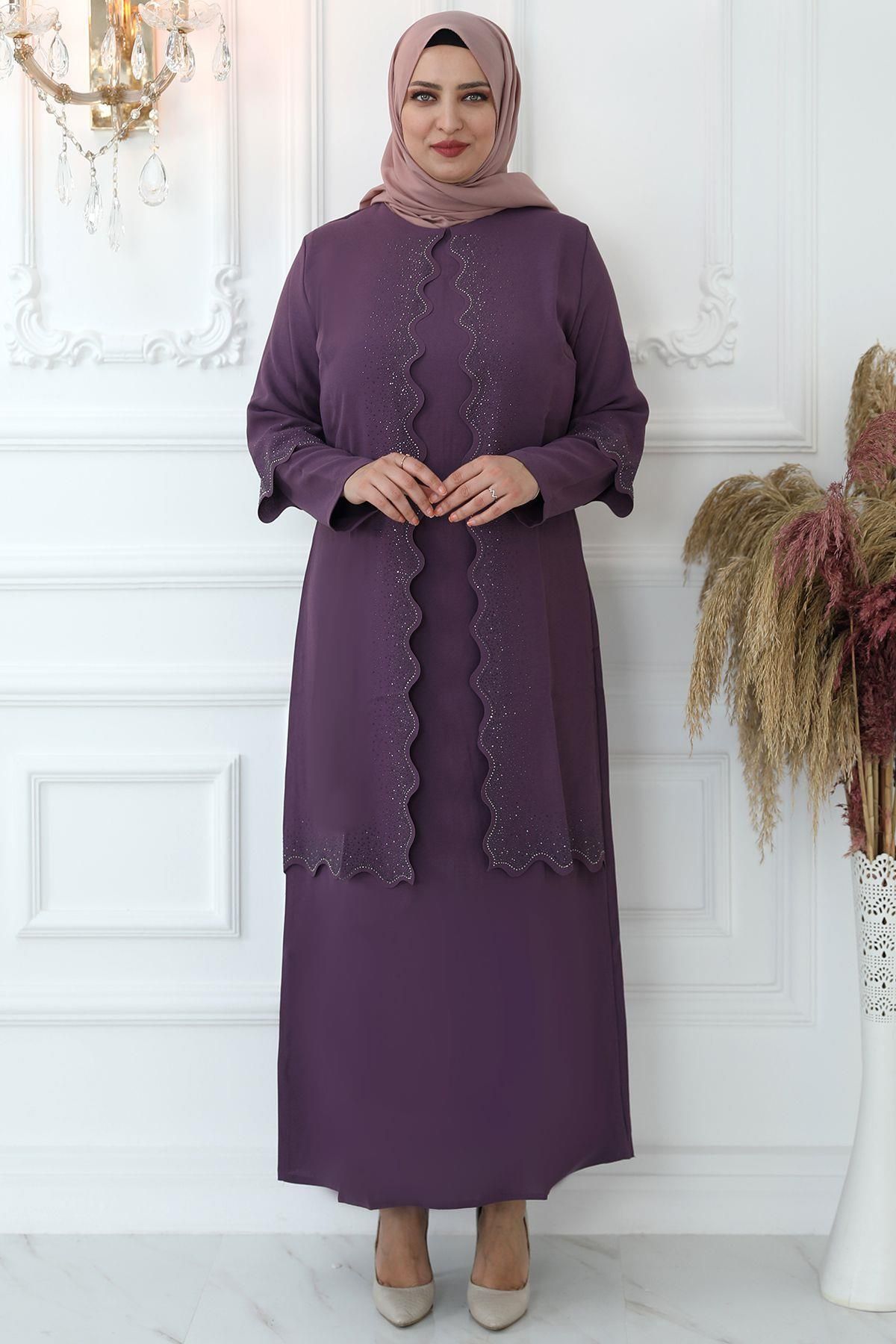 Amine Hüma Kadın Violet Ön Kısmı Ve Kolları Taş Işlemeli Ceket Görünümlü Lazer Kesim Yaren Abiye
