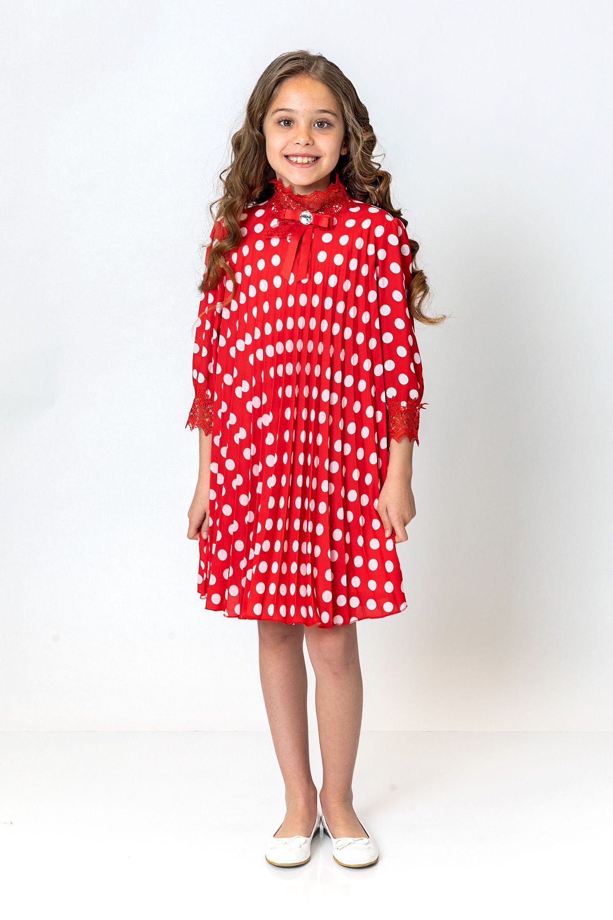 incity Kız Çocuk Kurdele Yaka Puantiyeli Pileli Elbise
