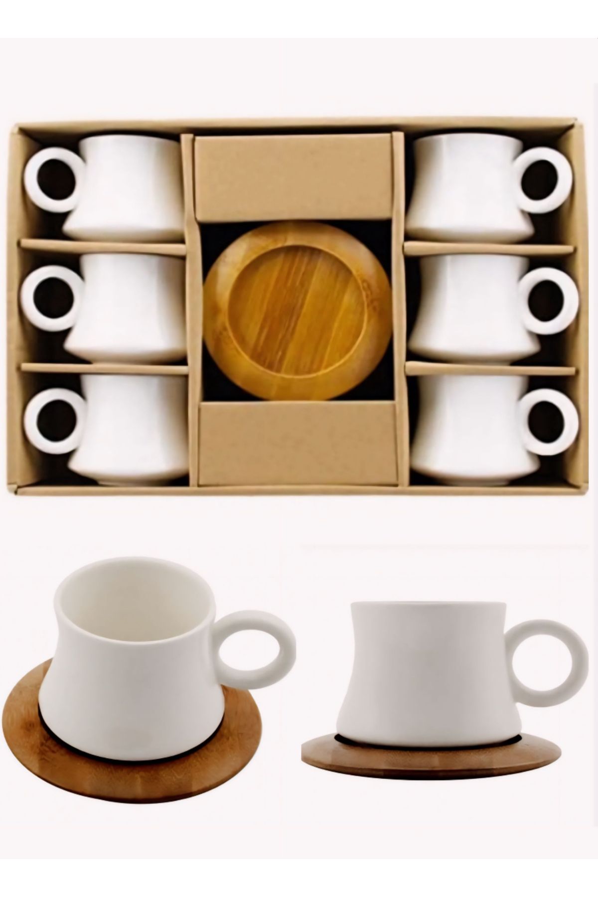 Mi-ÇA HOME Bambu Tabaklı Porselen Çay Takımı 6 Kişilik/ Çeyizlik Çay-Kahve Fincanı Takımı