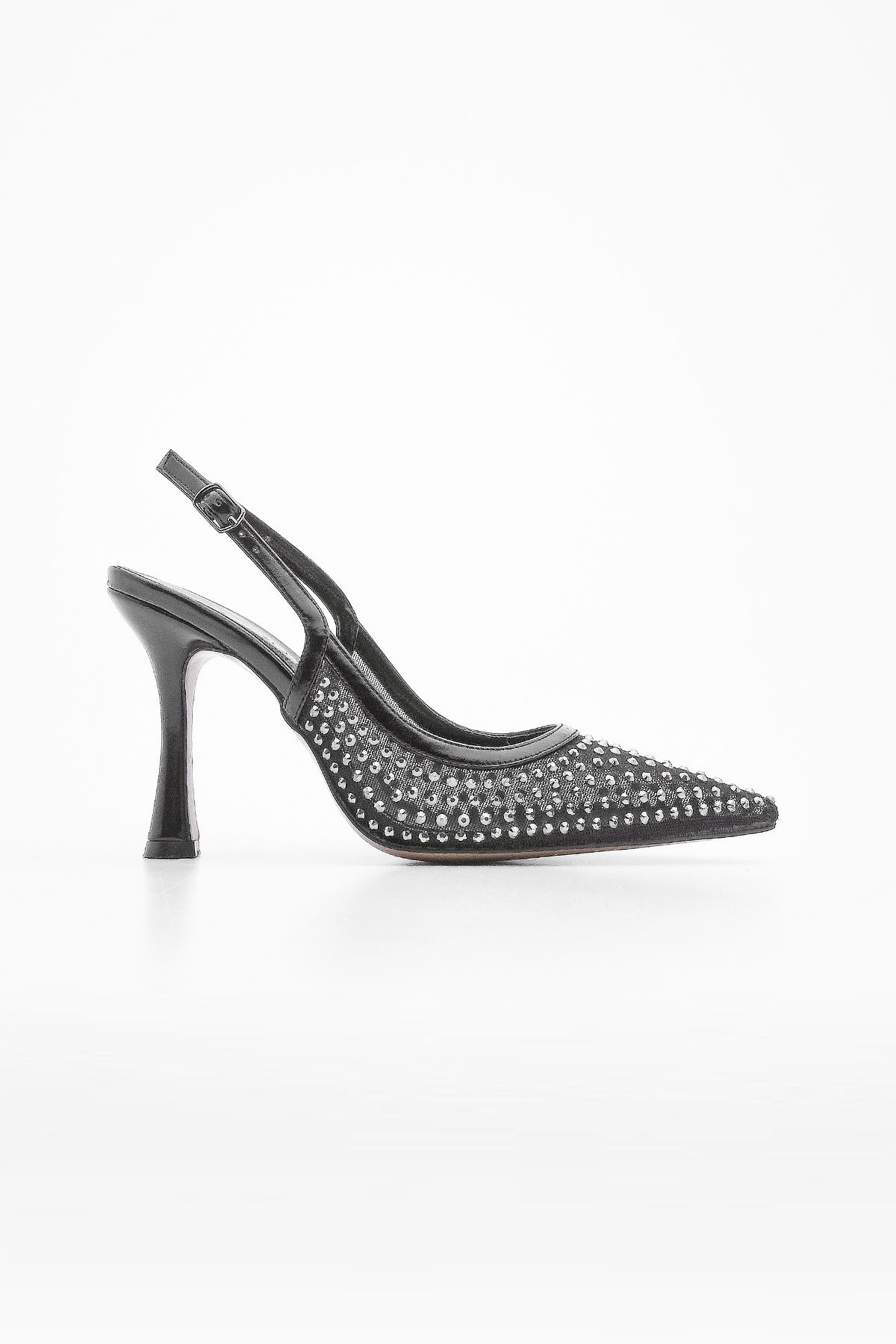Marjin Kadın Stiletto Taşlı Arkası Açık Topuklu Ayakkabı Dentar Siyah