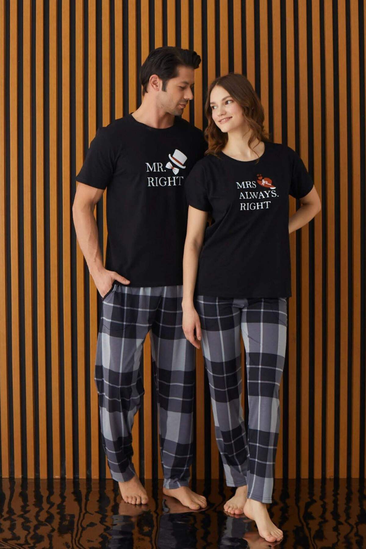 Meba Kadın!!!! Siyah Ekose Desen Alt Uzun Çeyizlik Sevgili Çift Pijama Takımı -1