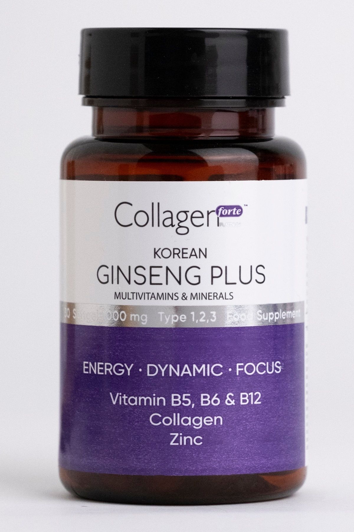 Collagen Forte Platinum Kırmızı Kore Ginseng Plus, Hidrolize Kolajen, Vitamin B5,b6,b12 & Çinko, Softgel 1000mg