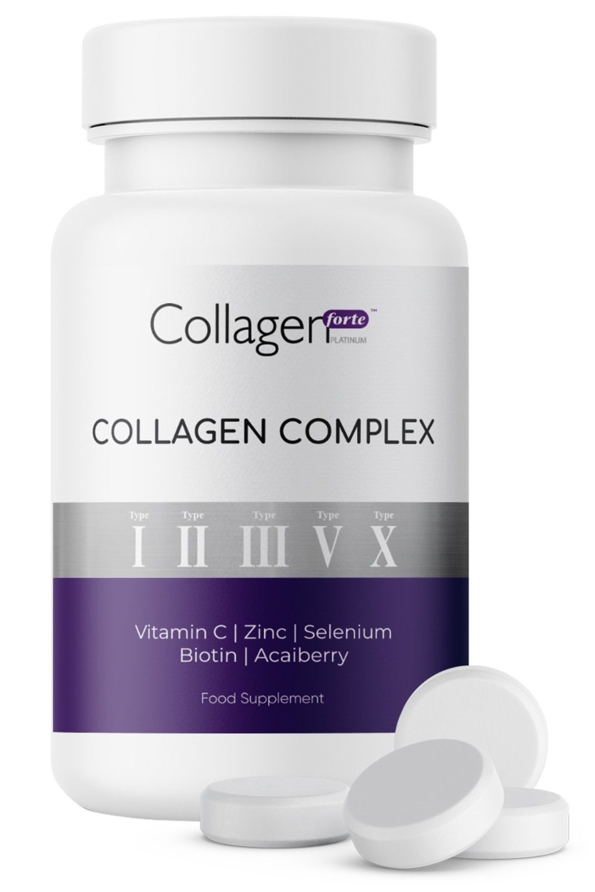 Collagen Forte Platinum 5 Tip Kolajen Complex Tip 1,2,3,5 Ve Tip 10 Biotin, Çinko, Selenyum, Vitamin C & Açai, 90 Tablet
