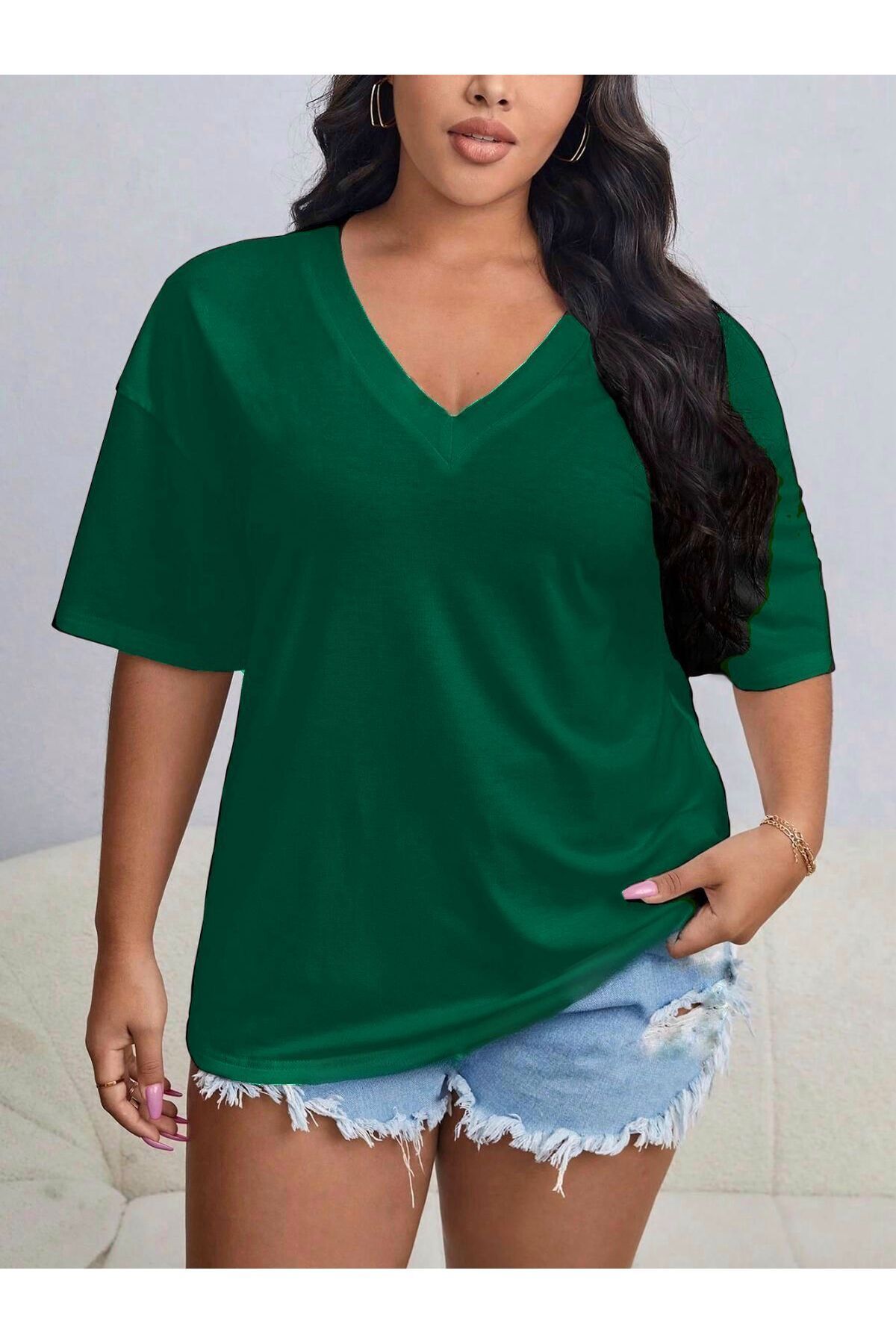 StartMore Düz Renk V Yaka Oversize Salaş Kadın T-Shirt