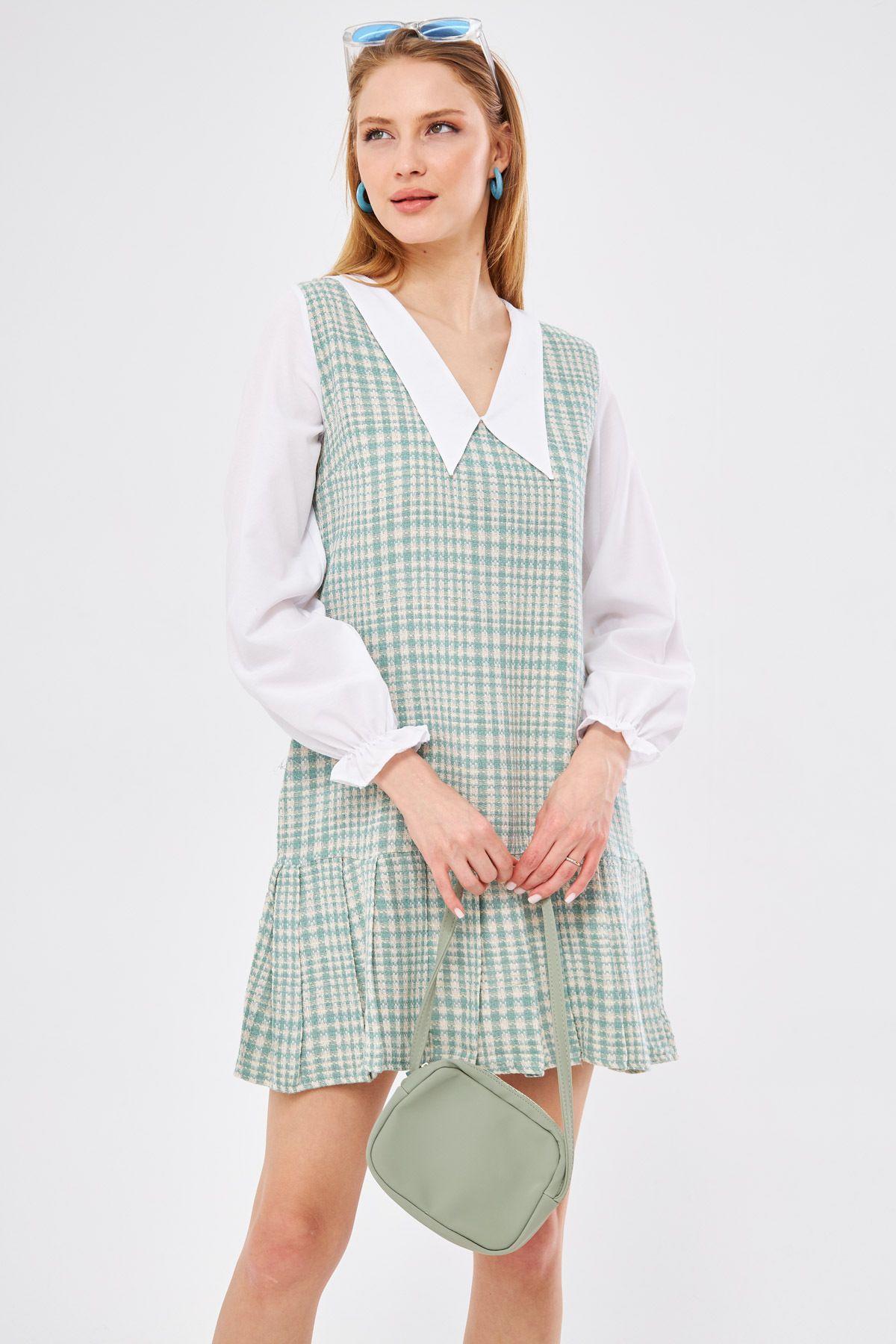 armonika Kadın Mint Tüvit Eteği Pile Detaylı Gömlek Yaka Mini Elbise ARM-24K001072