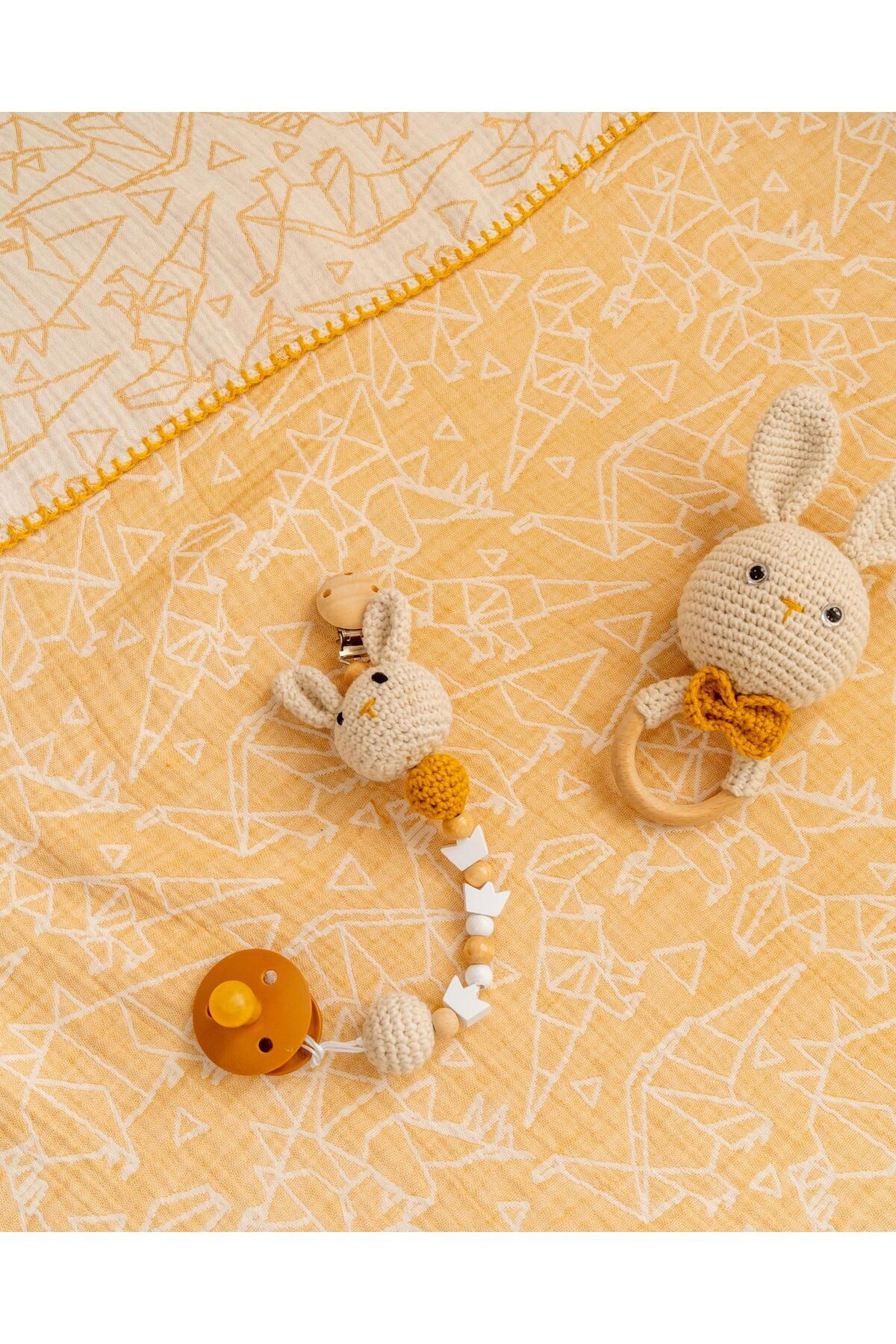 Love My Baby Kids Amigurumi Tavşan El Yapımı Doğal Ahşap Diş Kaşıyıcı ve Emzik Askısı