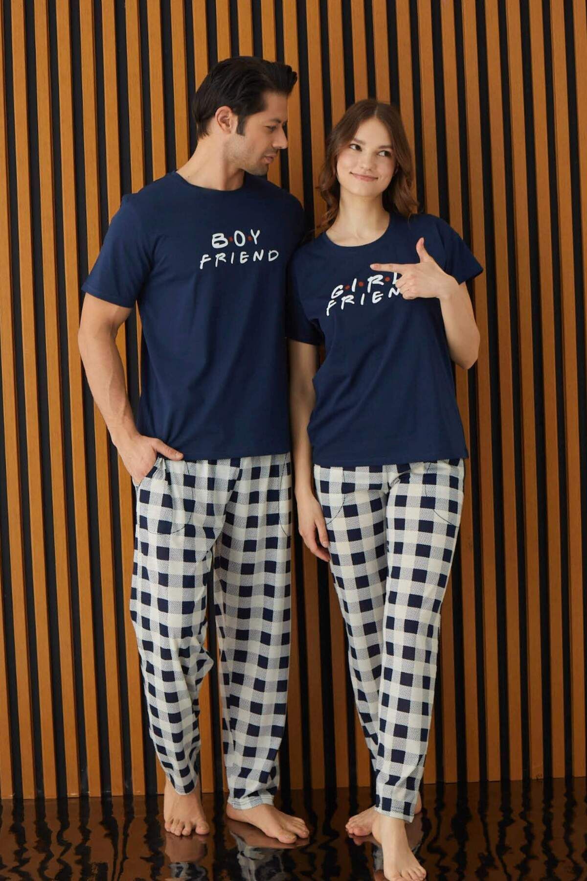 Meba Kadın!!!! Lacivert Ekose Desen Alt Uzun Çeyizlik Sevgili Çift Pijama Takımı -5