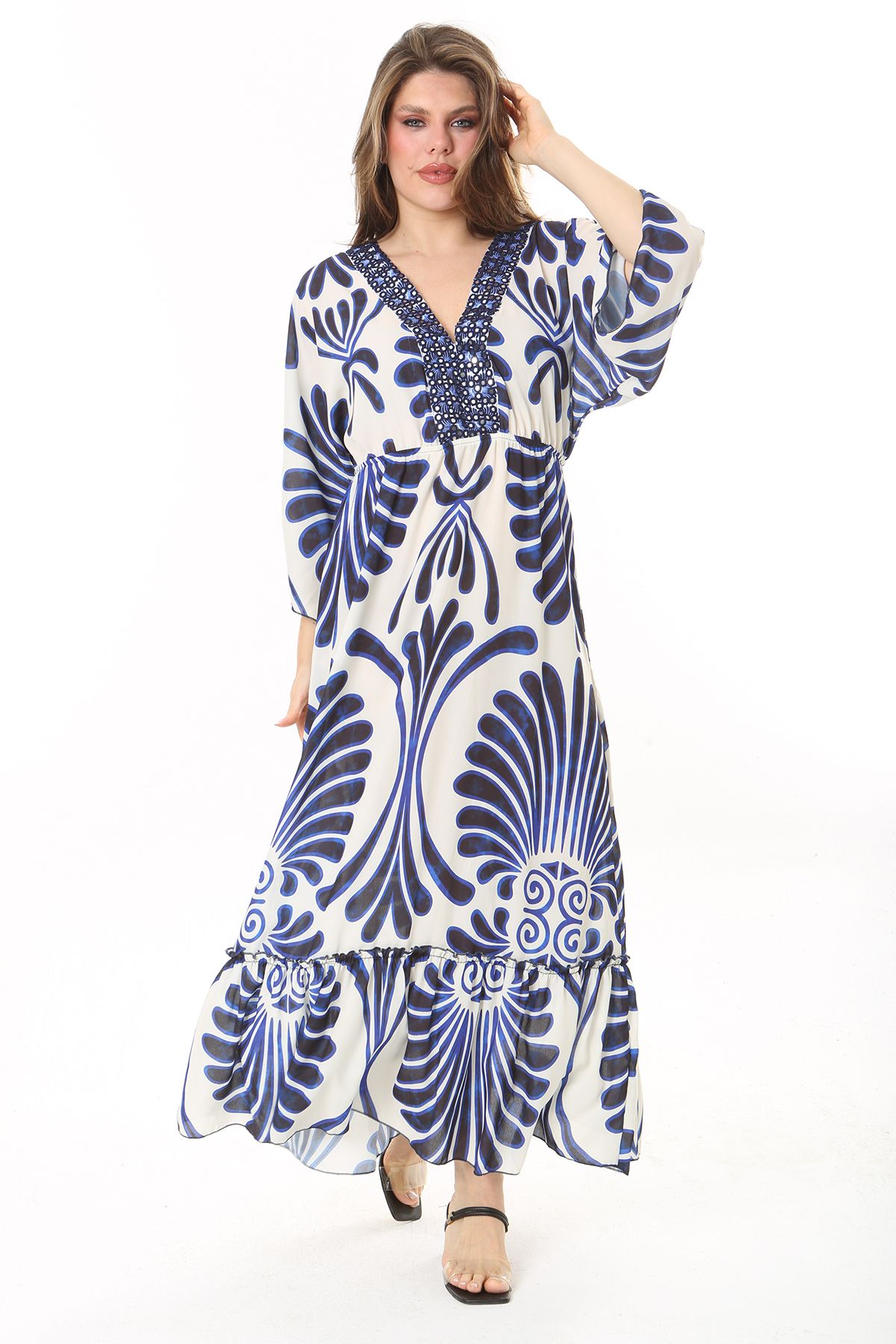 Şans Kadın Büyük Beden Mavi Yakası Taş Detaylı Etek Ucu Katlı Krep Elbise 65N37907