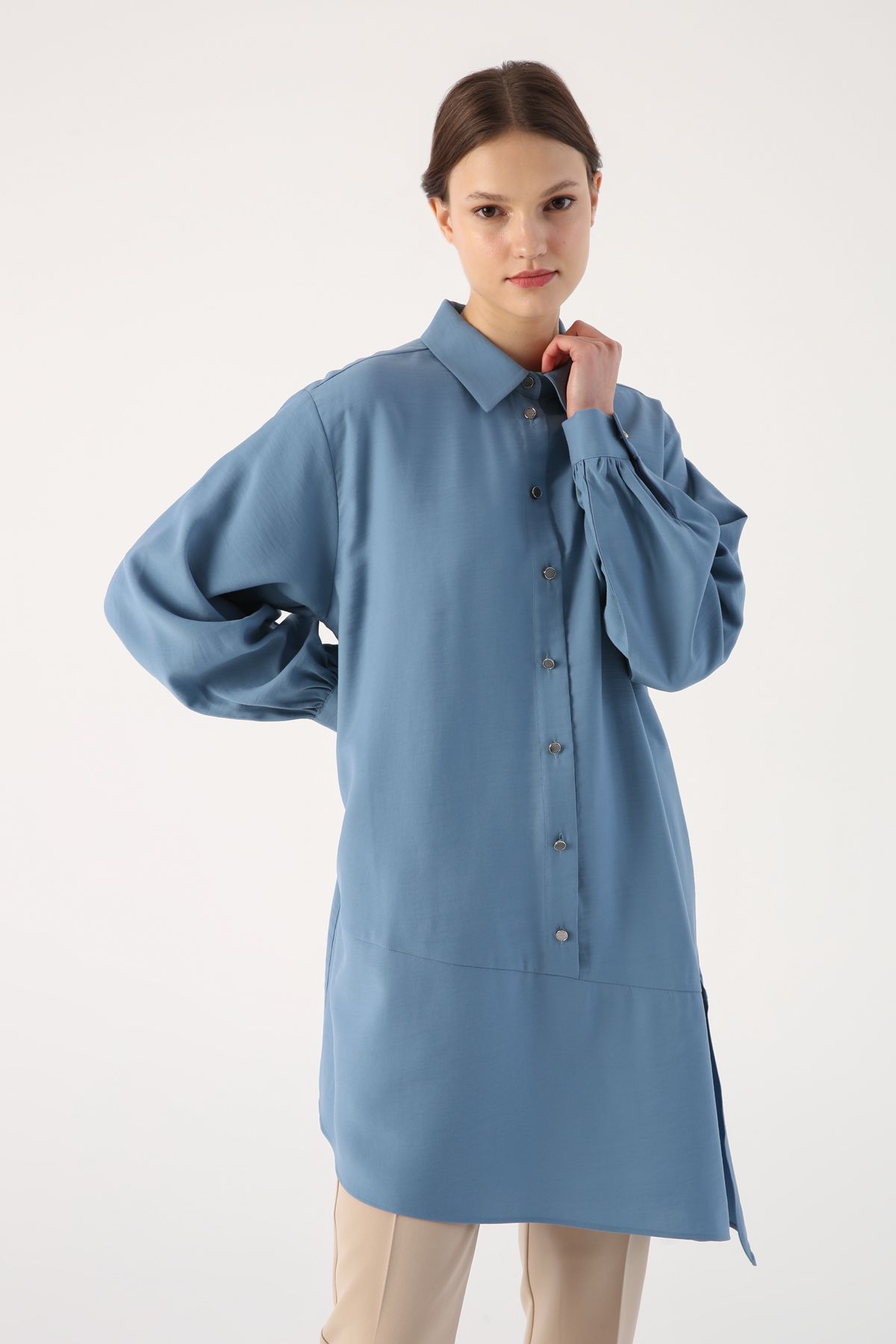 ALLDAY Mavi Eteği Asimetrik Yırtmaçlı Gömlek Yaka Tunik